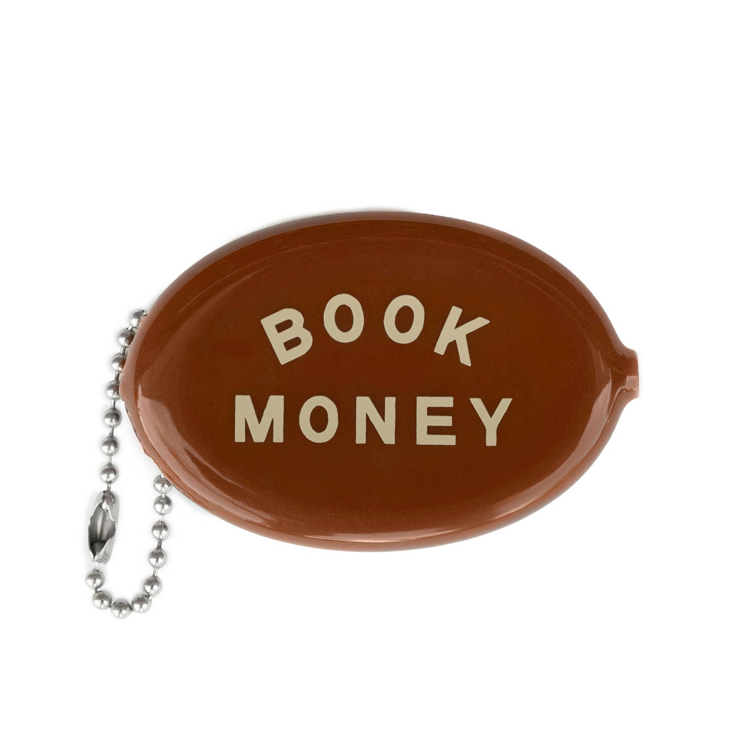 Brown vinyl coin pouch with Book Money in cream text
