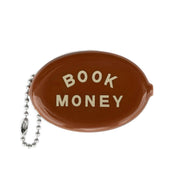 Brown vinyl coin pouch with Book Money in cream text