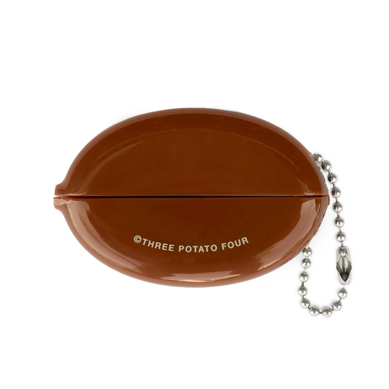 Brown coin pouch shown open with its chain