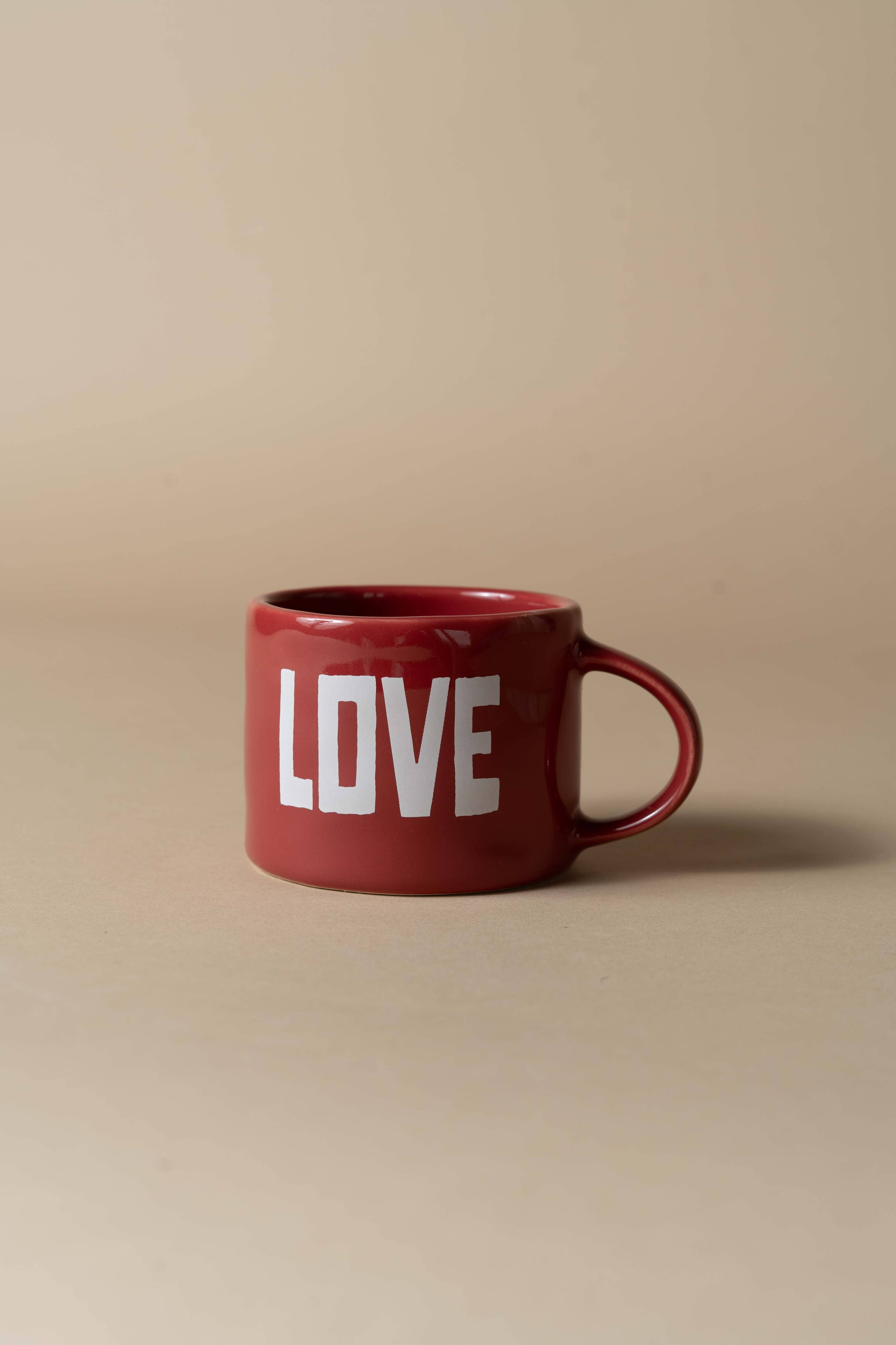 Sisi Love mug, handmade deep red ceramic mug lettered LOVE