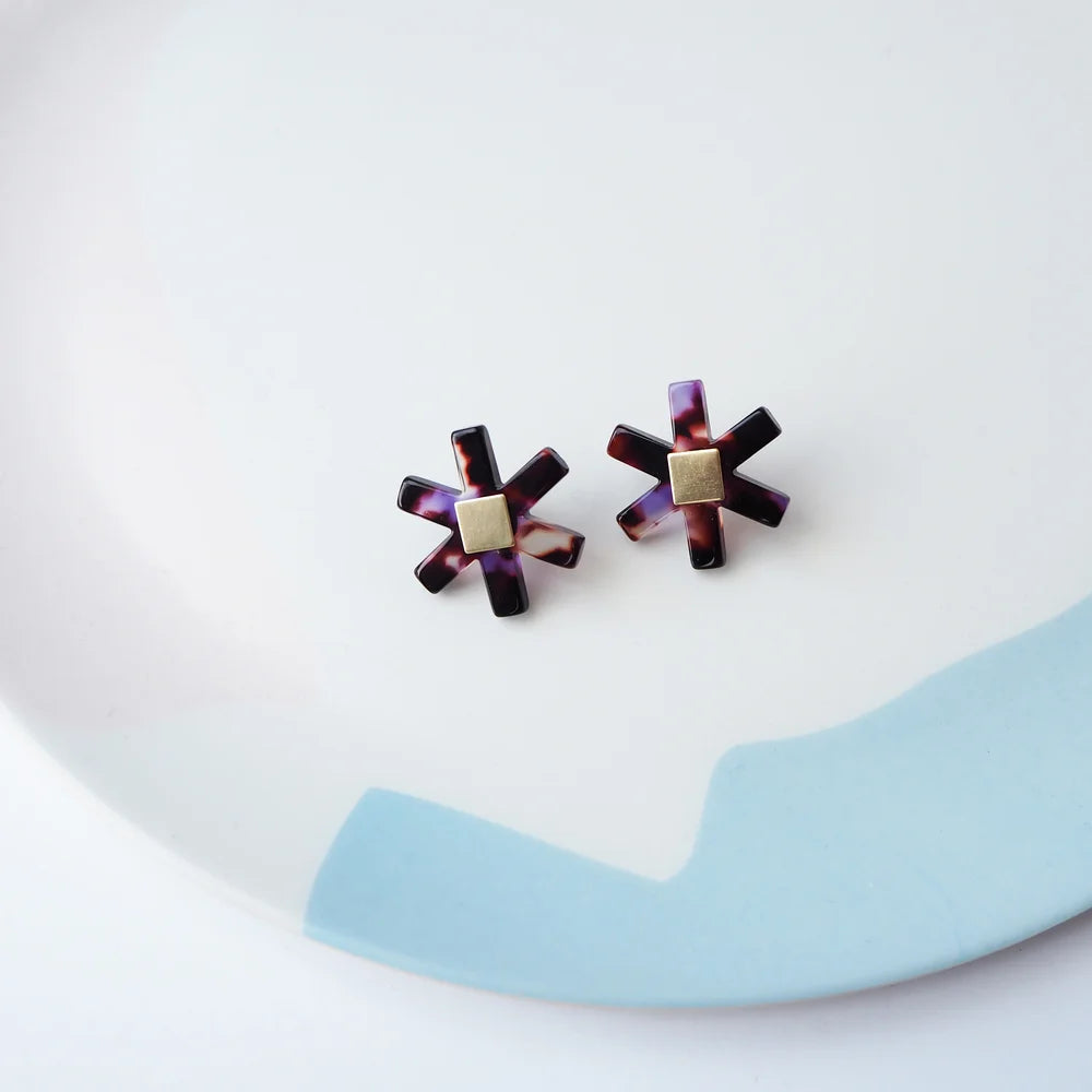 Camille Floral Stud earrings in dark tortoiseshell and violet flower shaped, hand polished petroleum free cellulose acetate by Custom Made 