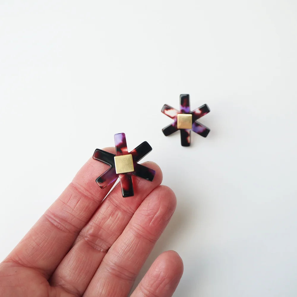 Camille Floral Stud earrings in dark tortoiseshell and violet flower shaped, hand polished petroleum free cellulose acetate by Custom Made 