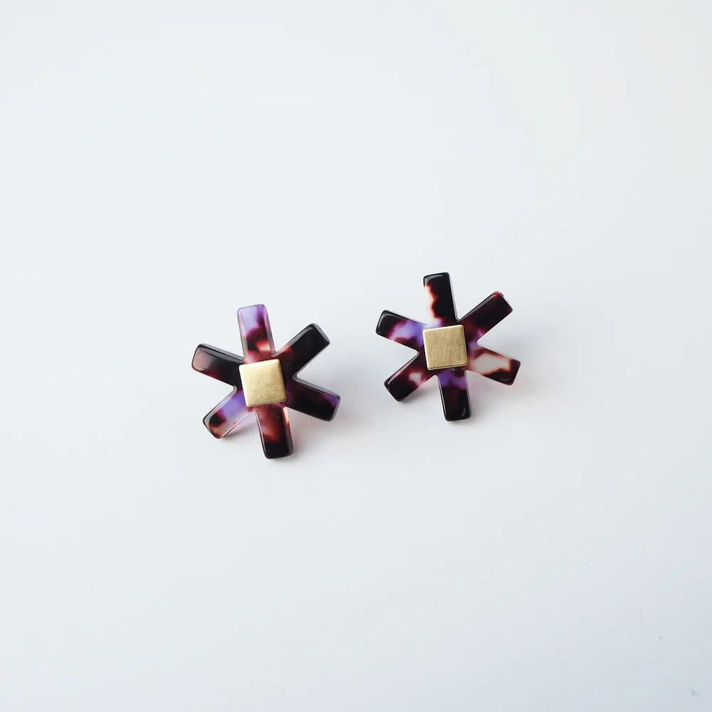 Camille Floral Stud earrings in dark tortoiseshell and violet flower shaped, hand polished petroleum free cellulose acetate by Custom Made 
