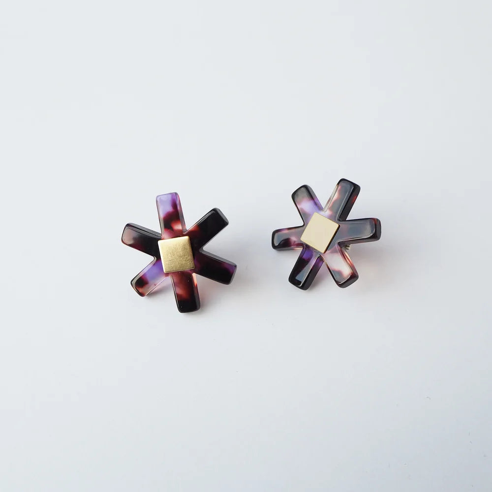 Camille Floral Stud earrings in dark tortoiseshell and violet flower shaped, hand polished petroleum free cellulose acetate by Custom Made 