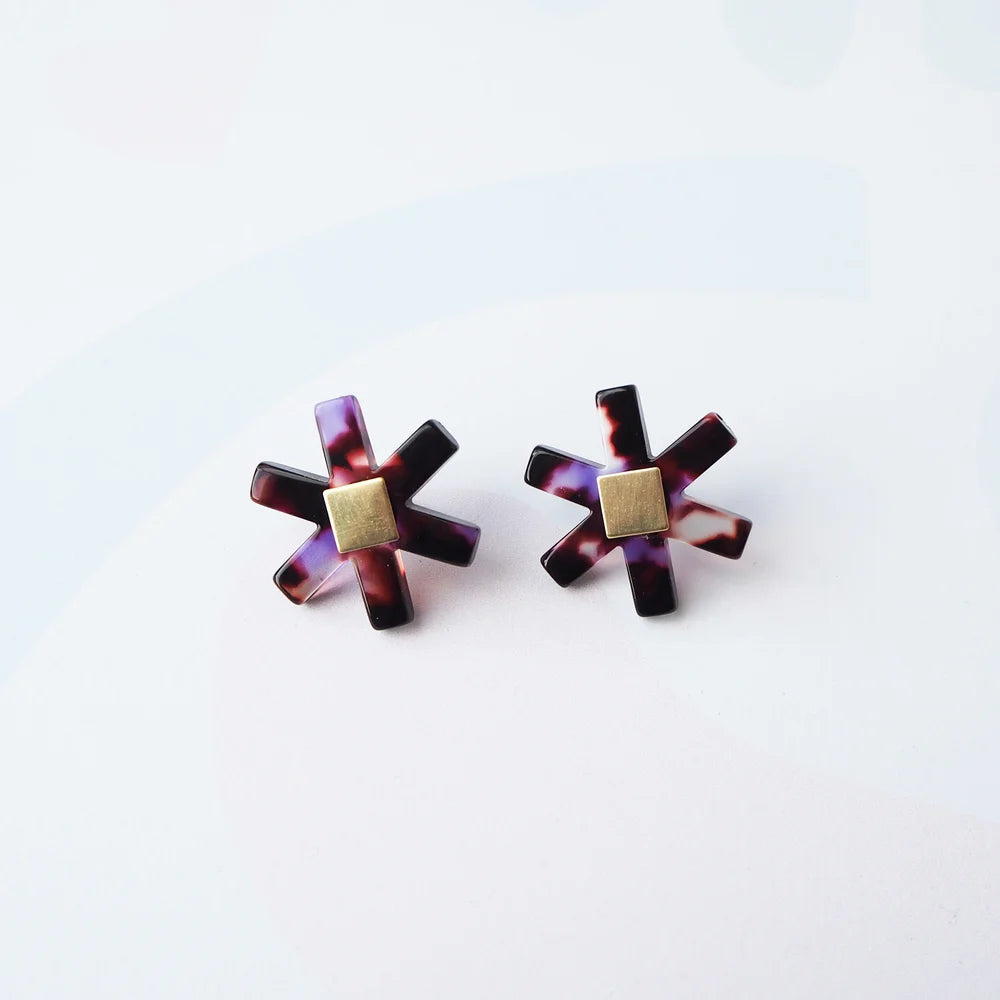 Camille Floral Stud earrings in dark tortoiseshell and violet flower shaped, hand polished petroleum free cellulose acetate by Custom Made 