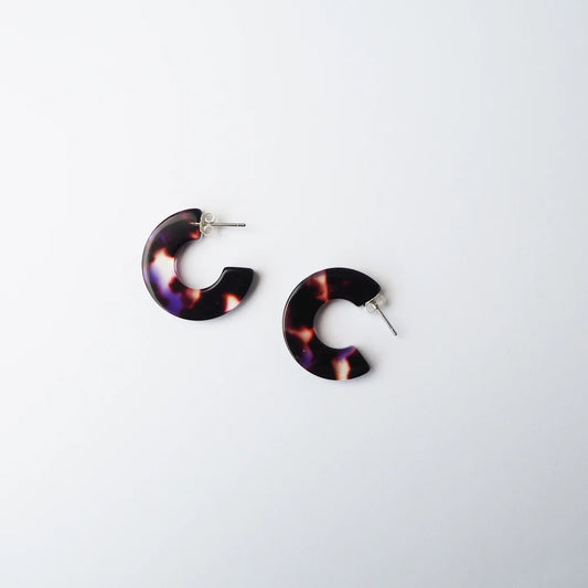 Camille Mini Hoop earrings are made from hand polished petroleum free cellulose acetate in a beautiful dark tortoiseshell and violet mix with a glass like finish, by Custom Made