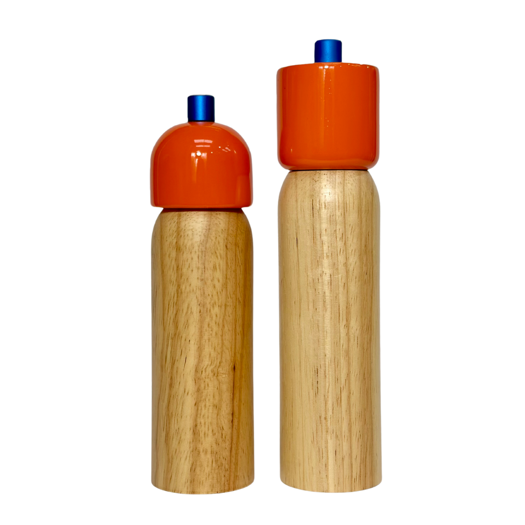 Orange and blue rubberwood salt and pepper grinder by MÆGEN