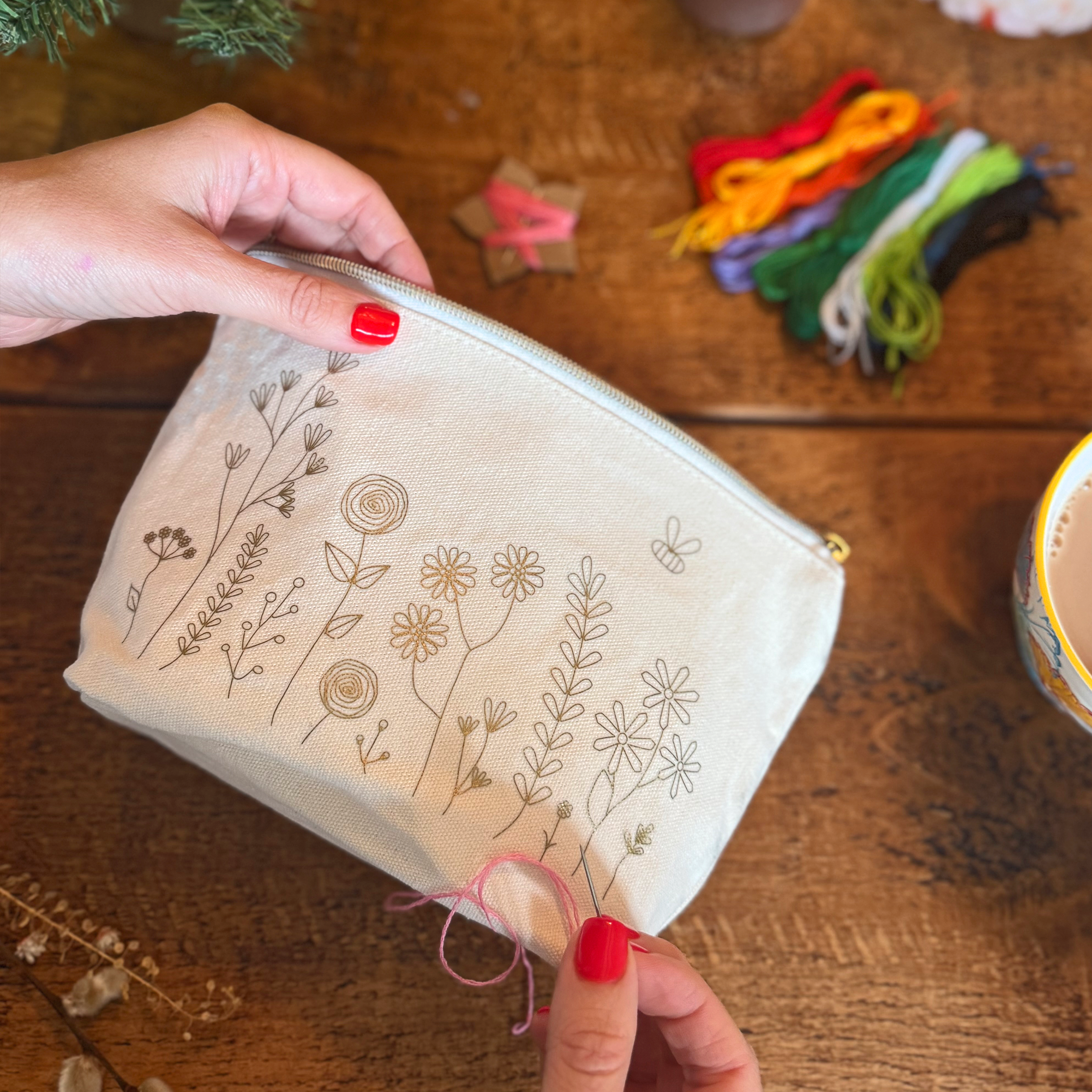 Stitch Your Flowers zip pouch embroidery kit, further view