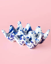 Tierra Cocida blue and white ceramic egg holder, 6 egg capacity