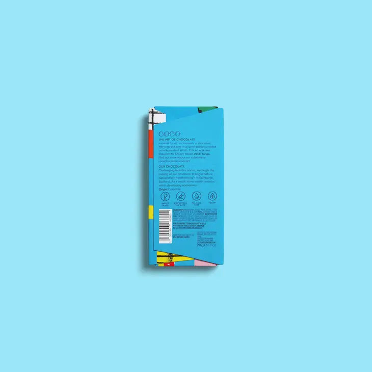 The 20g Colombian Dark 60% mini chocolate bar, by Coco Chocolatier, features artwork by&nbsp;Atelier Bingo and is vegetarian, vegan, gluten free, dairy free, and Palm Oil free