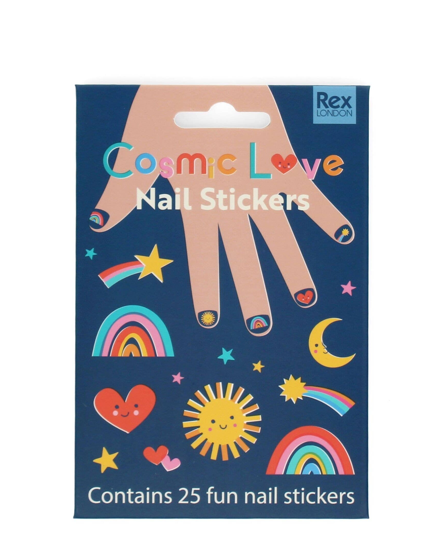 Pack of nail stickers with colorful designs on a blue background, featuring the brand 'Rex London'.