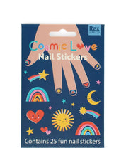 Pack of nail stickers with colorful designs on a blue background, featuring the brand 'Rex London'.
