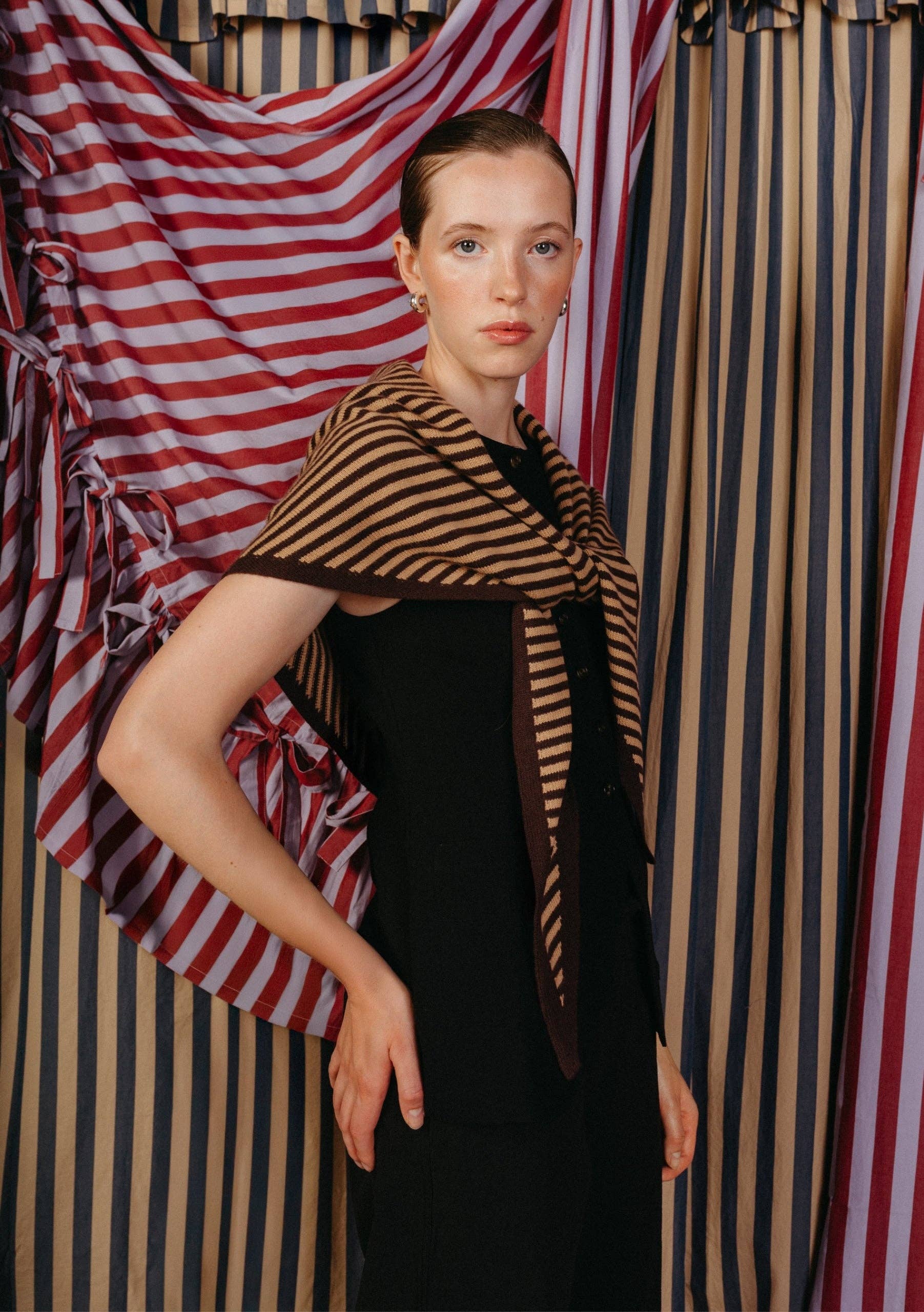 Large Merino Wool Triangle Scarf | Camel & Brown Stripe