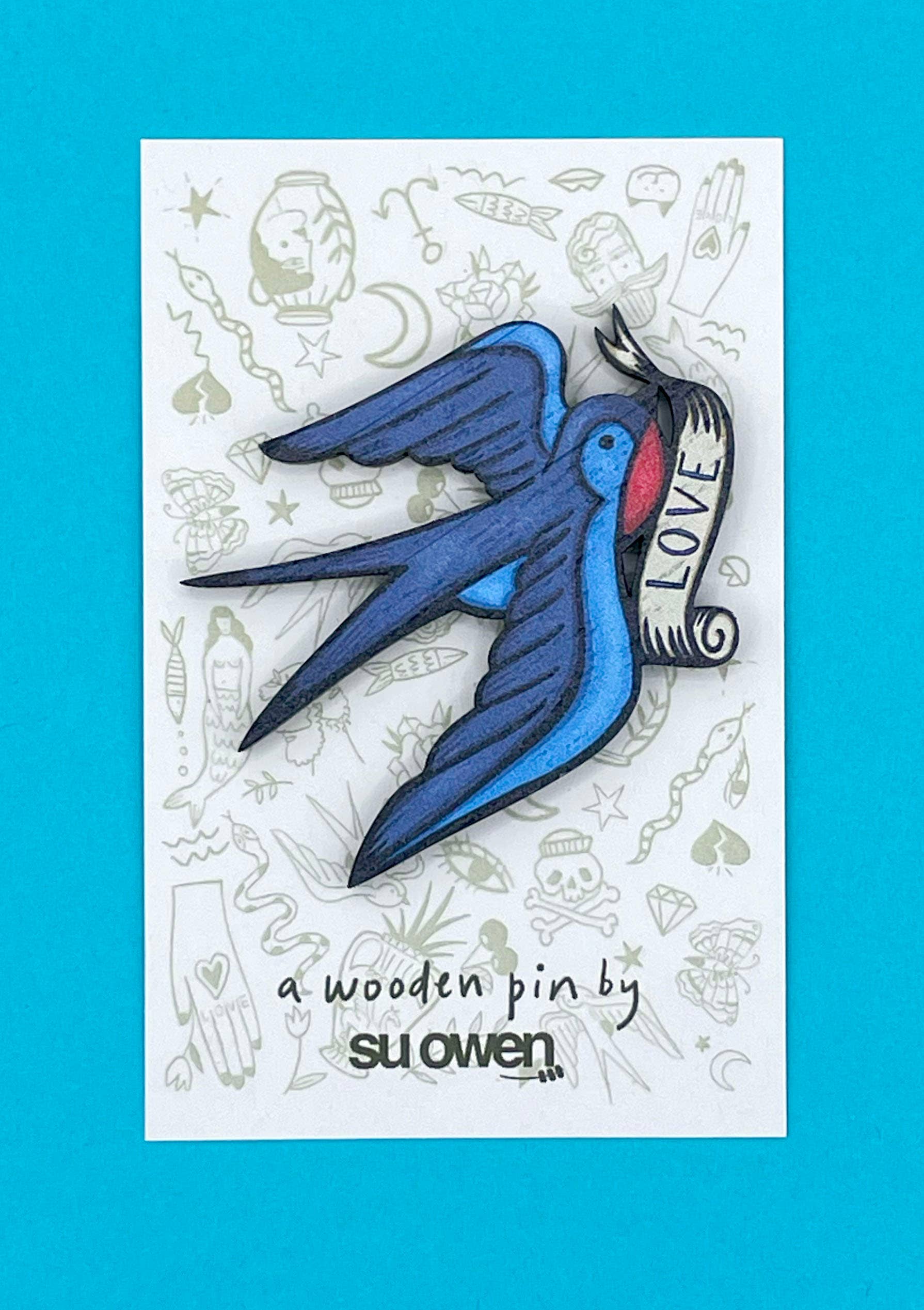 Swallow Wooden Pin Badge - Tattoo Style