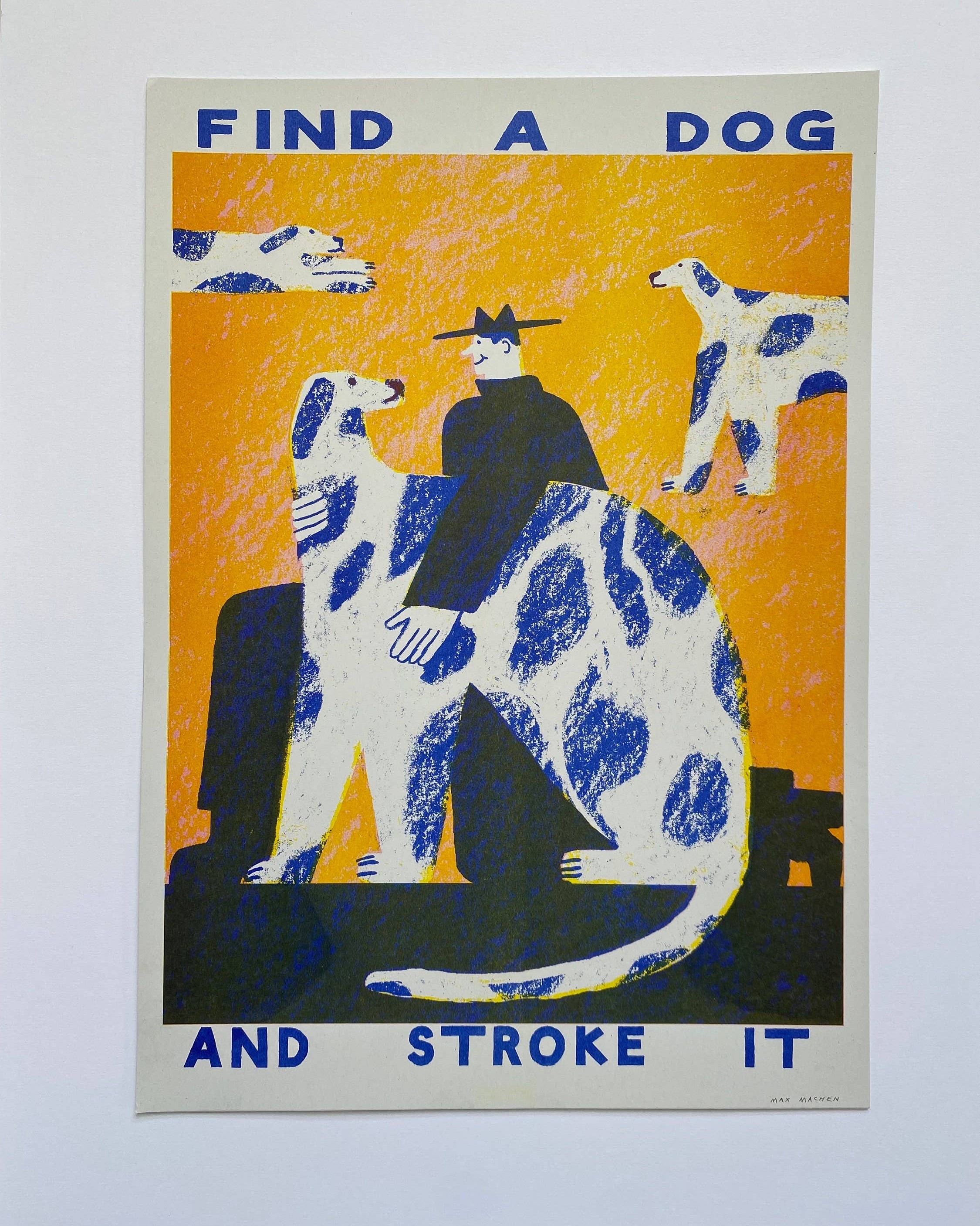 Poster with a stylized illustration of a person and dogs against an orange background, with text 'Find a dog and stroke it'.
