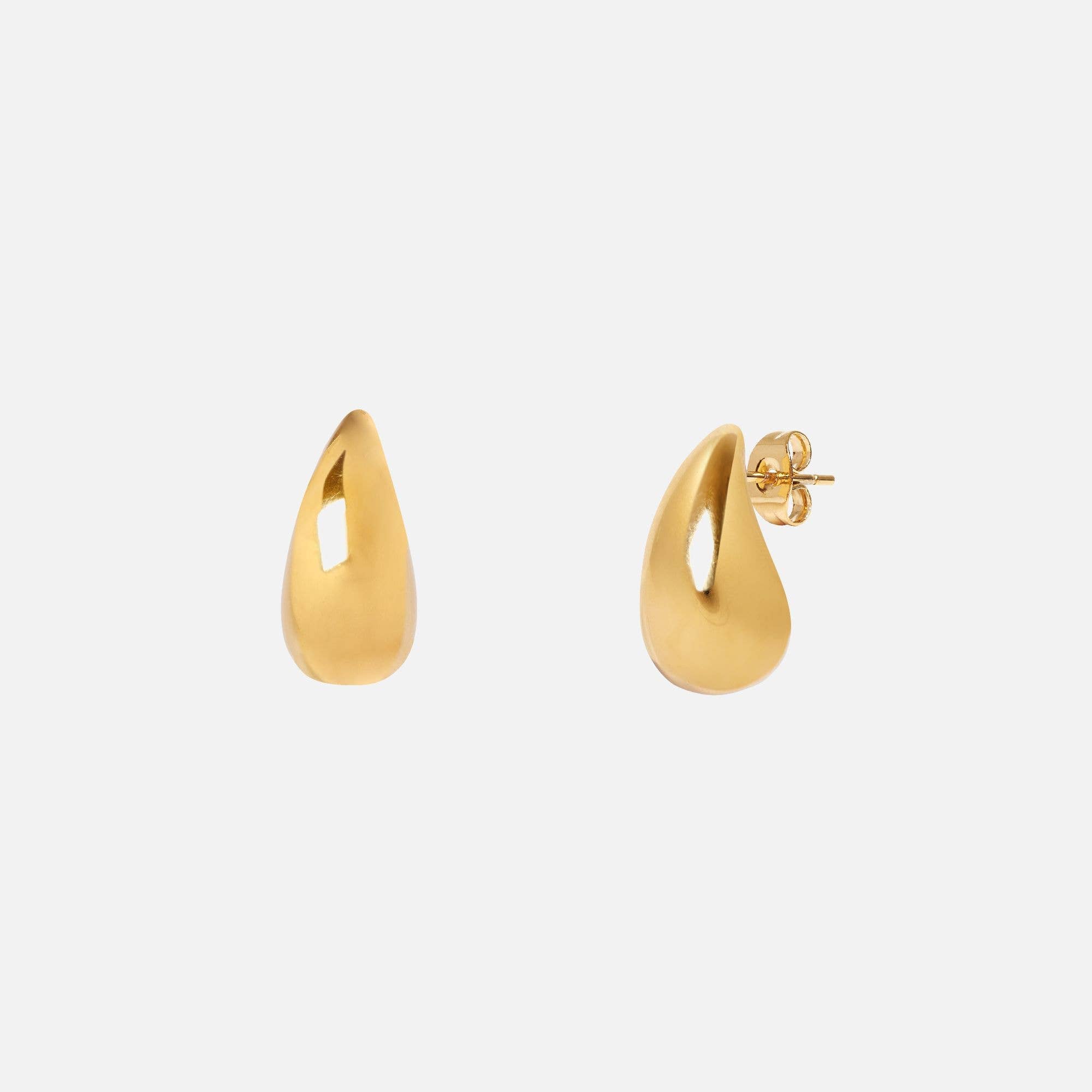 Gold drop stud earrings on a white background