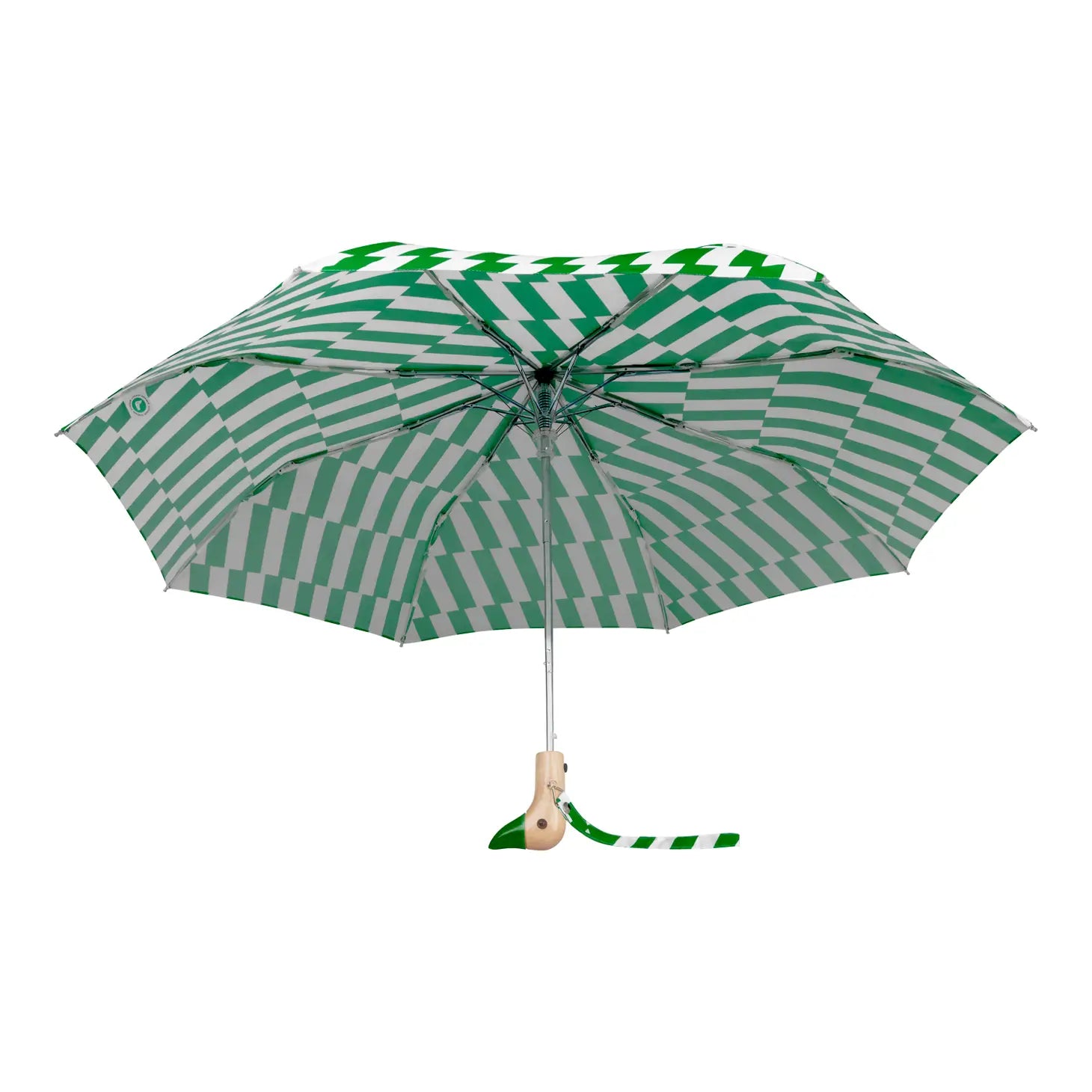 The Every Space handmade green, duck handled umbrellas, by Original Duckhead, are wind resistant with an automatic open button, and made from 100% recycled fabric.