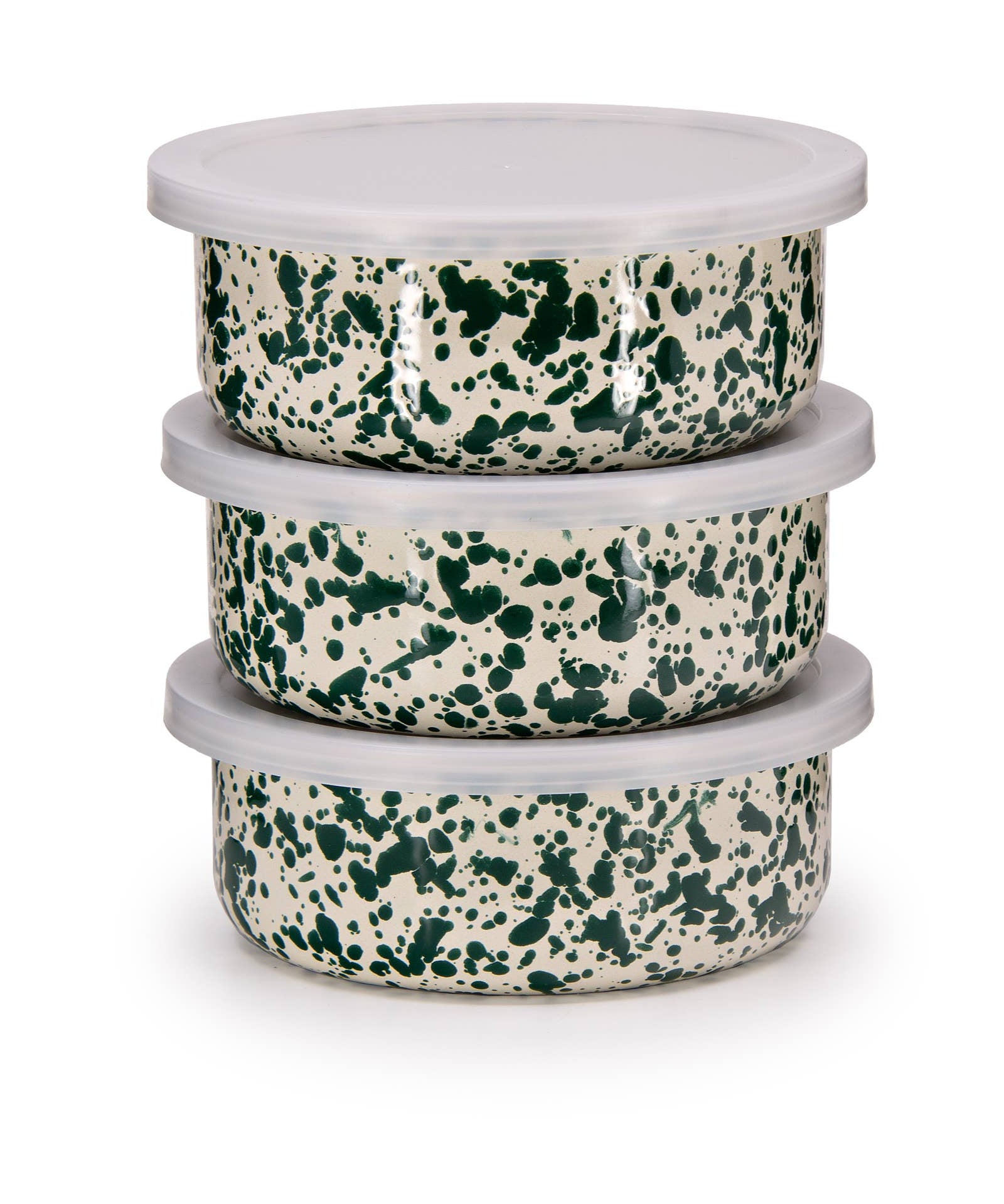 Stack of three green and white speckled bowls with lids on a white background