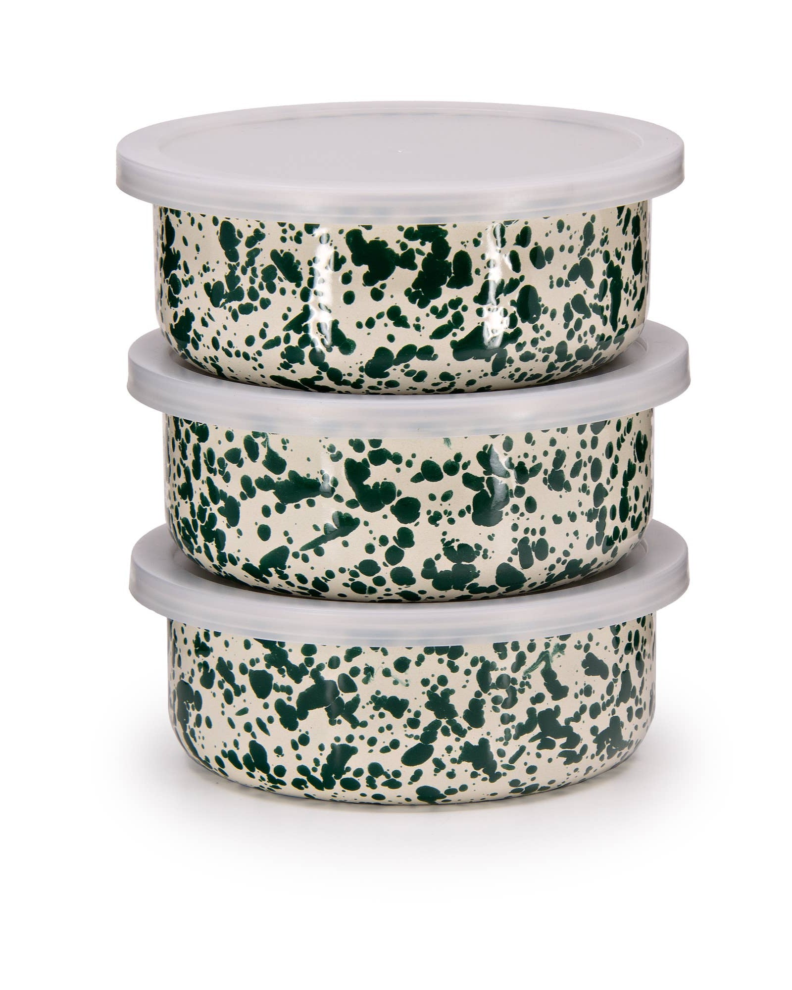 Stack of three green and white speckled bowls with lids on a white background