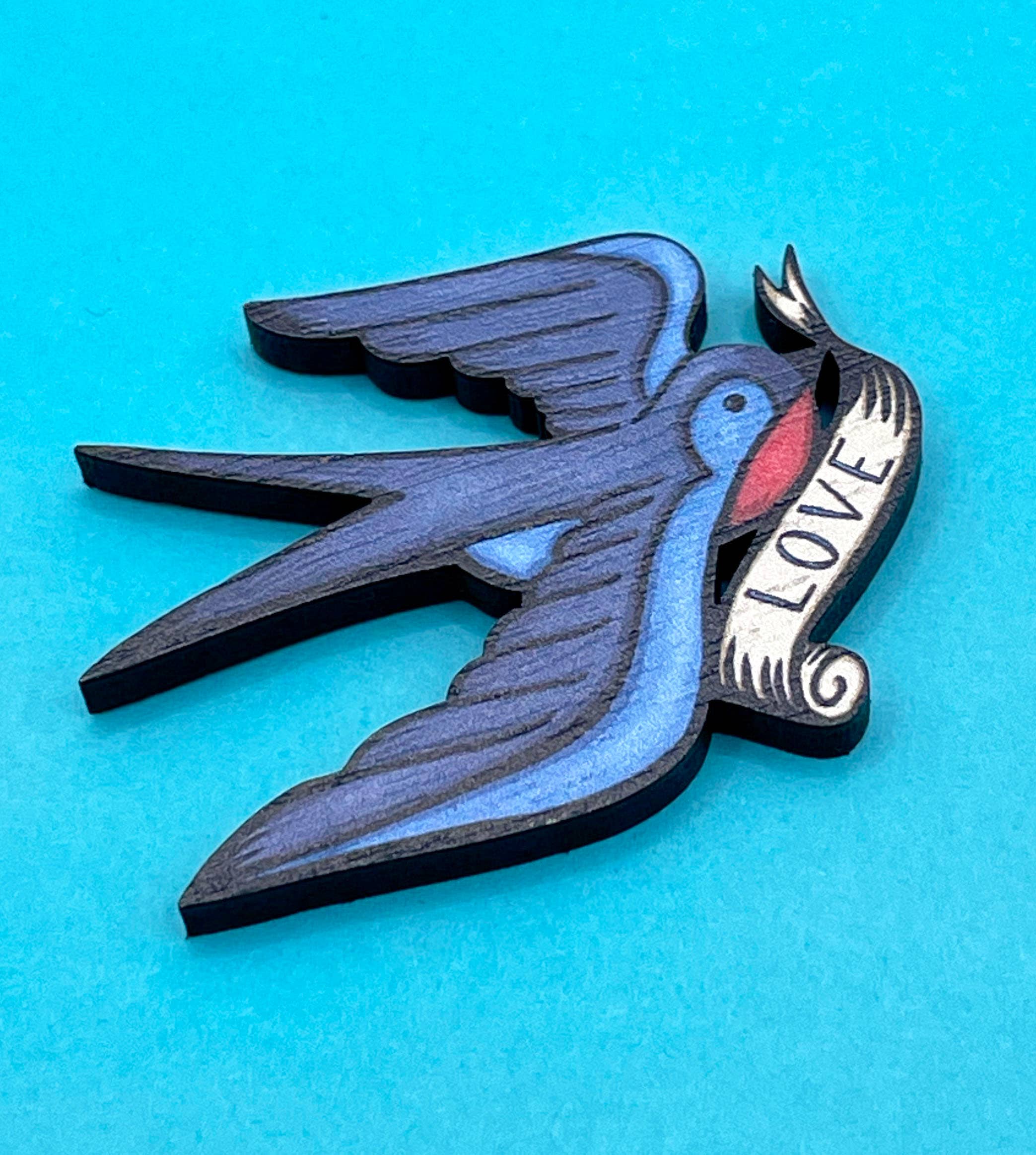 Swallow Wooden Pin Badge - Tattoo Style