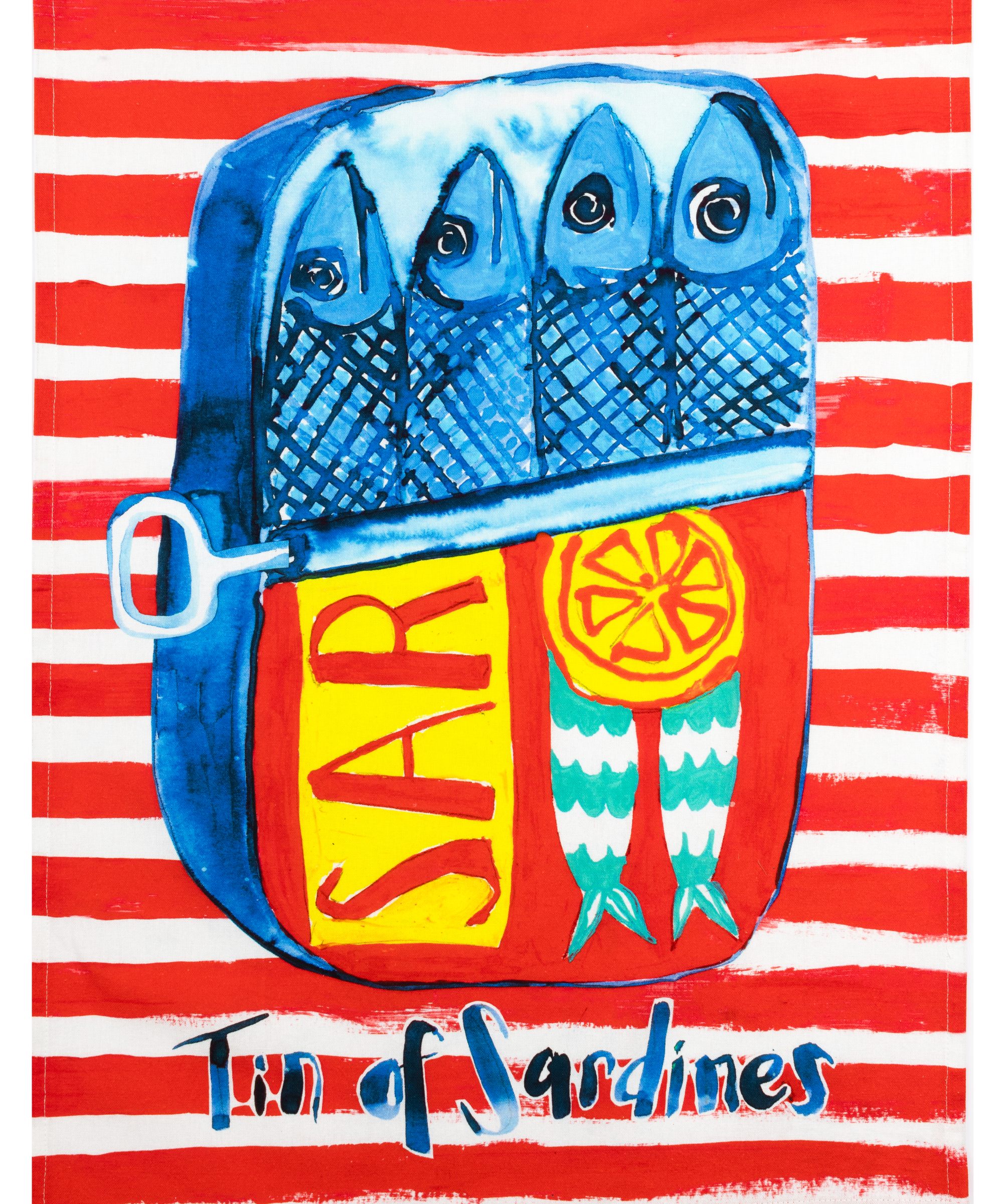 Illustration of a can of sardines with red and white striped background