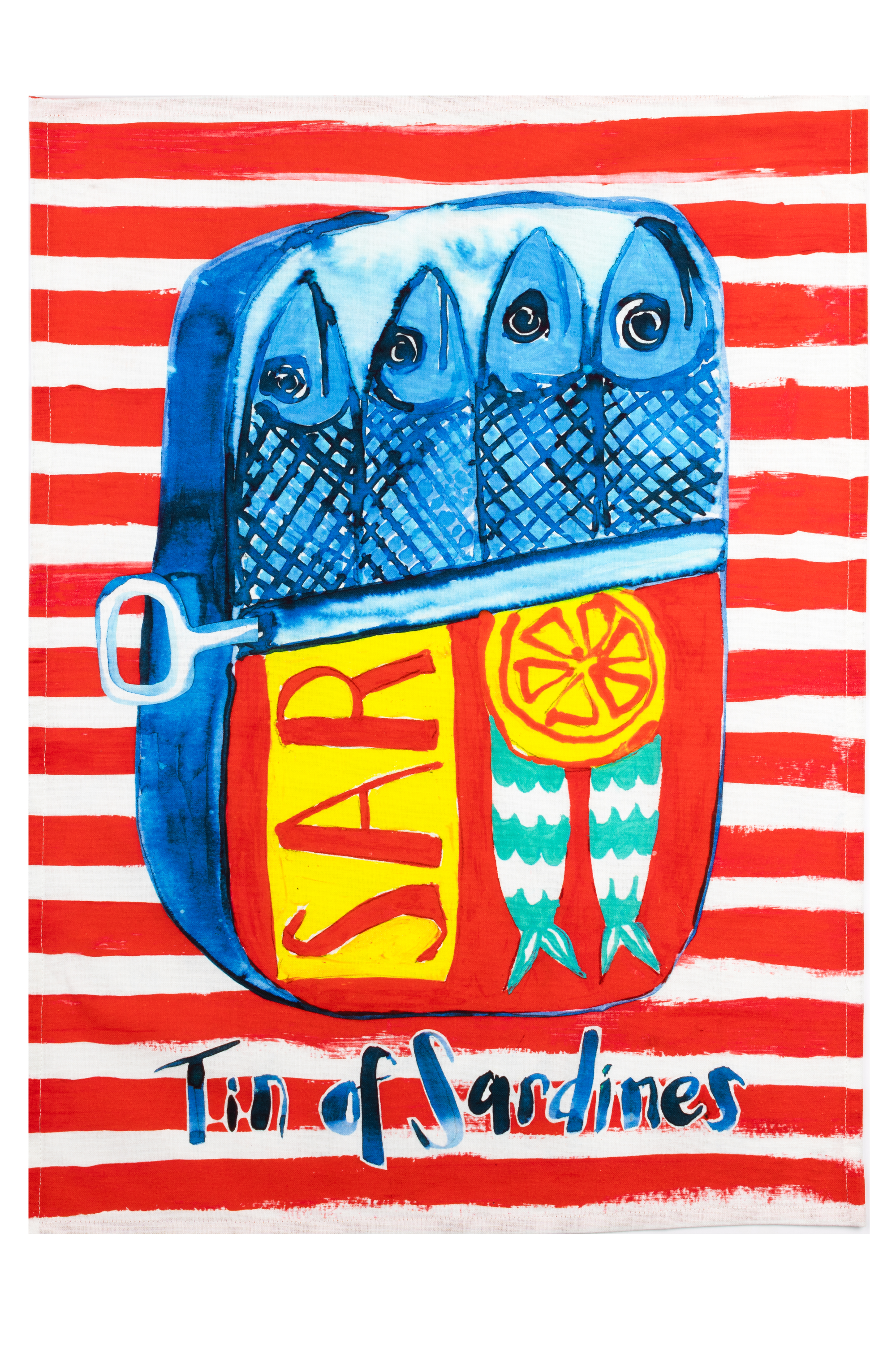 Illustration of a can of sardines with red and white striped background