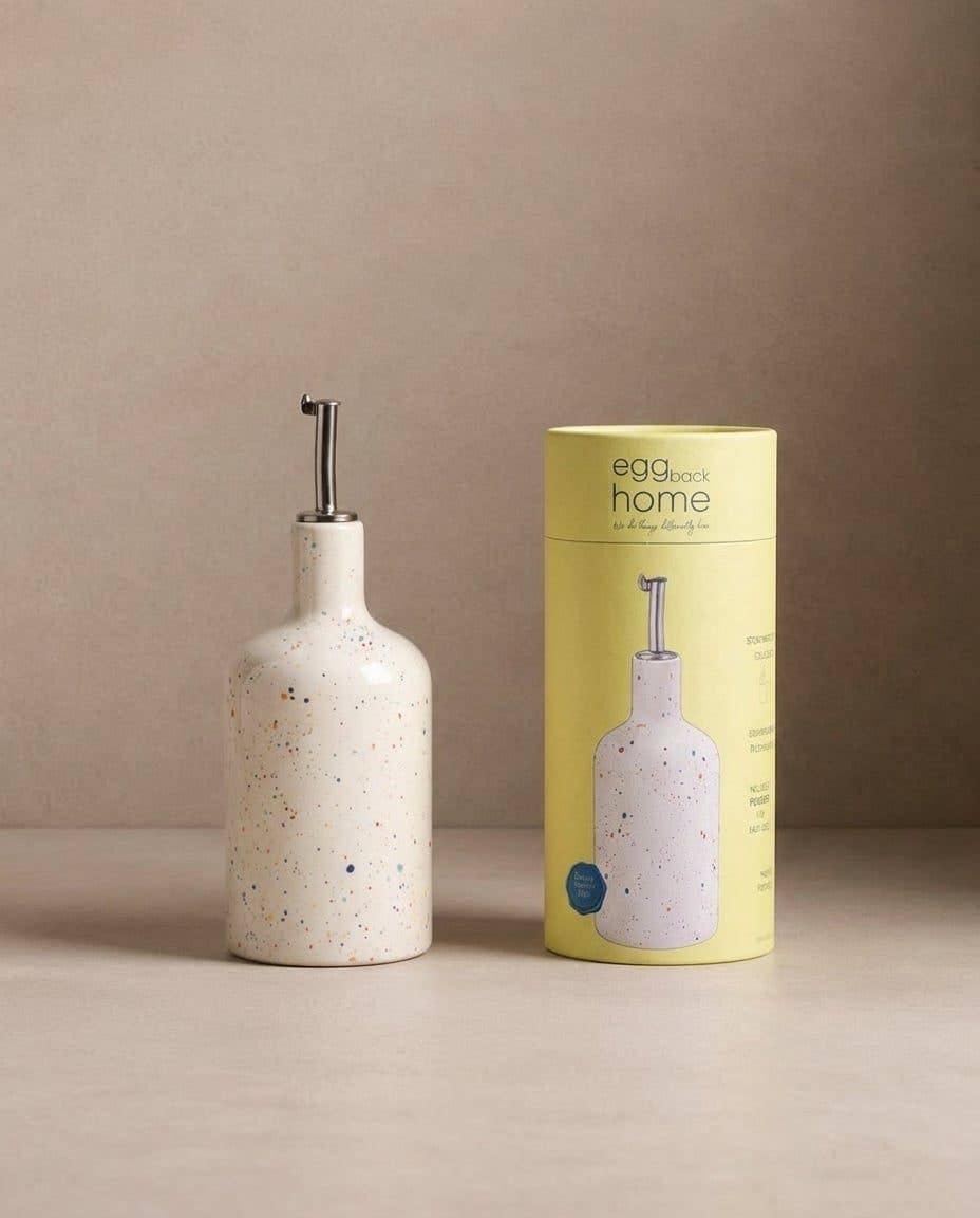Party white speckled stoneware oil and vinegar dispenser by Egg Back Home