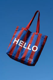 Hello Goodbye Tote Bag Red & Navy Stripe