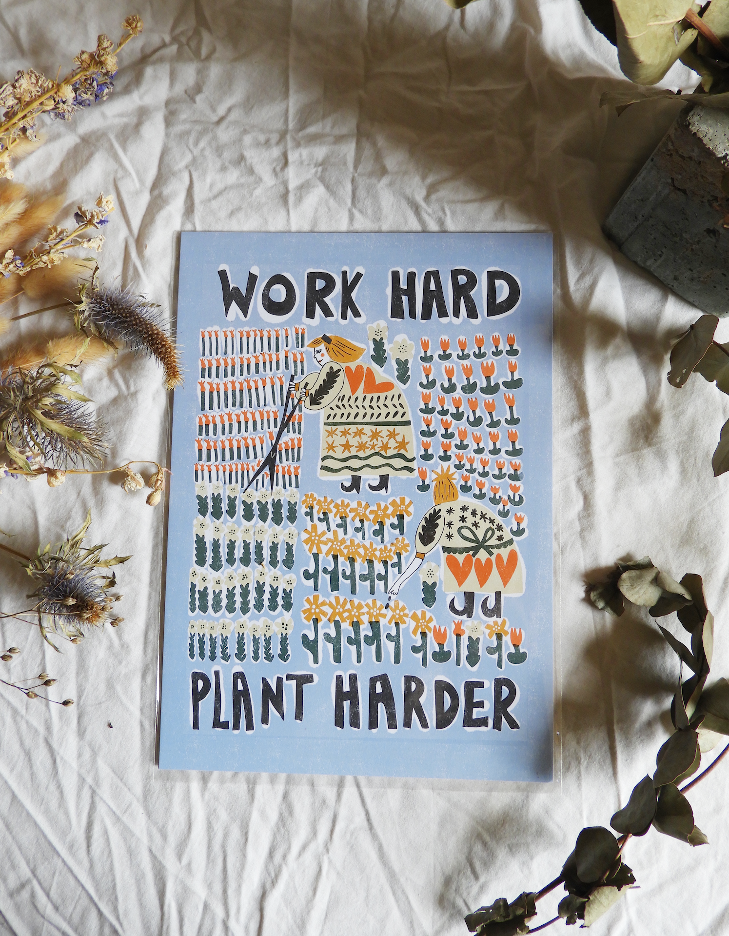 'Work Hard Plant Harder' | Playful | Folk Art | Retro | Risograph Style Print | A3