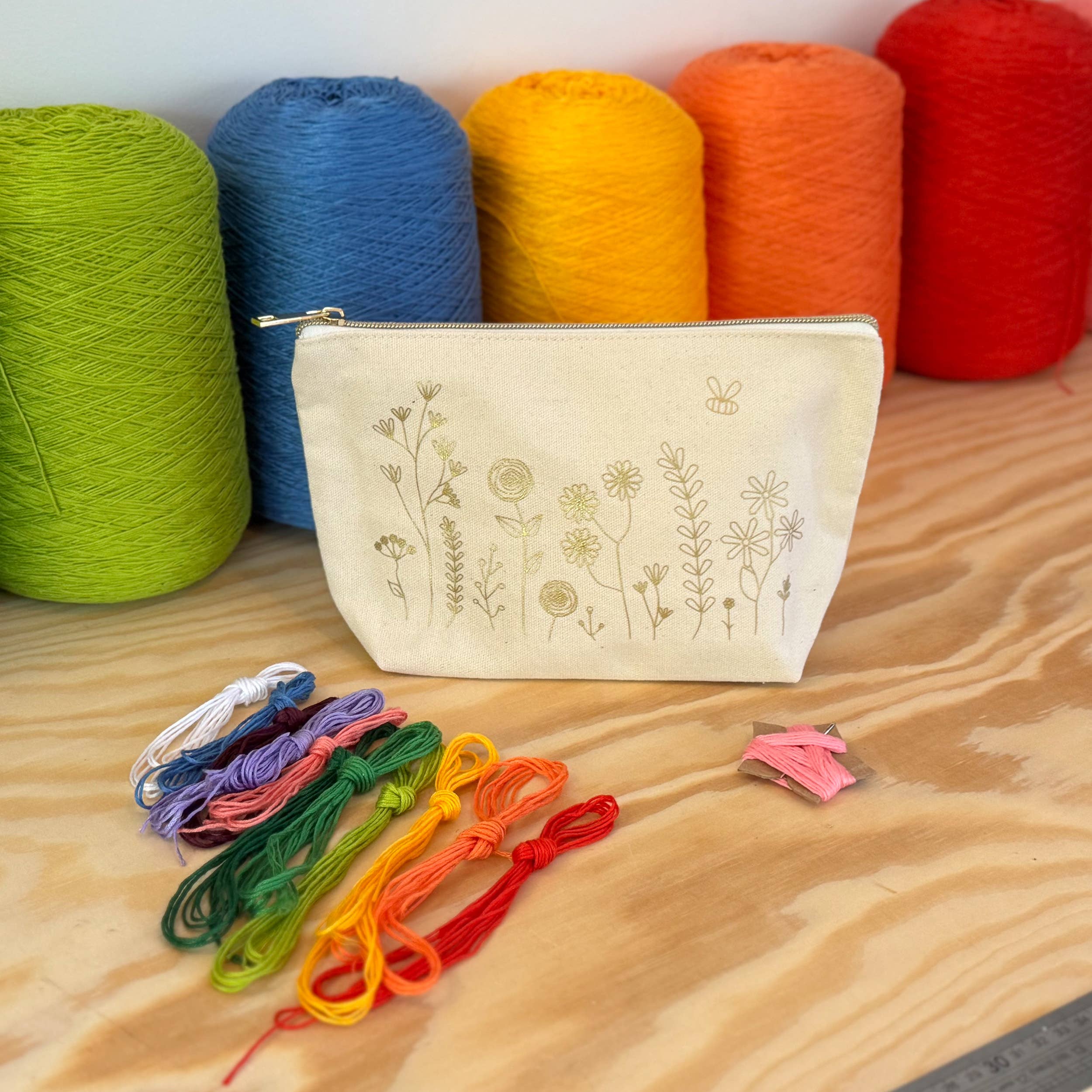 Stitch Your Flowers zip pouch embroidery kit, further view