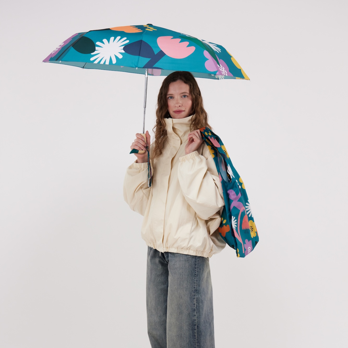 Bloom blue flower print umbrella by Original Duckhead, further view