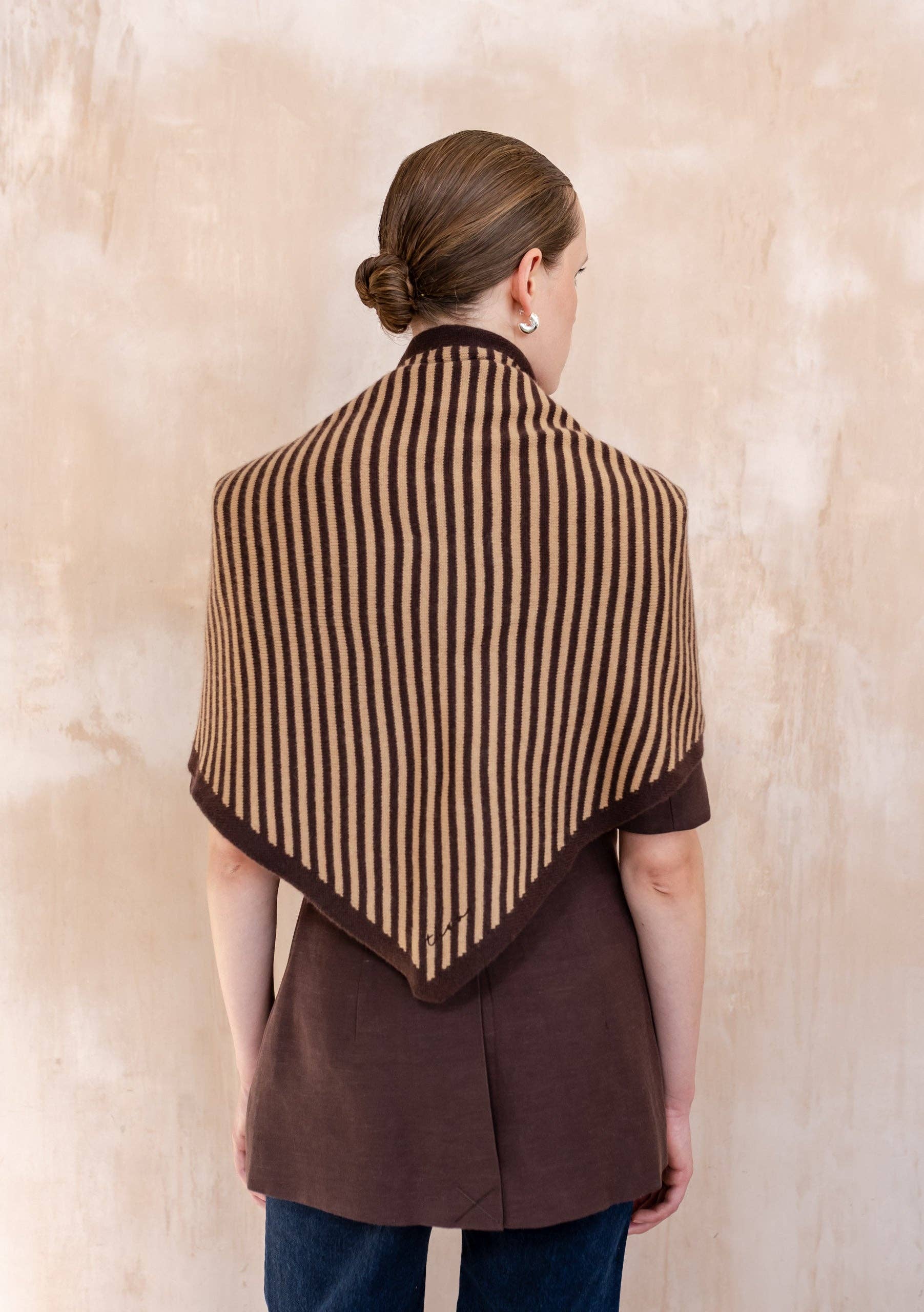 Large Merino Wool Triangle Scarf | Camel & Brown Stripe