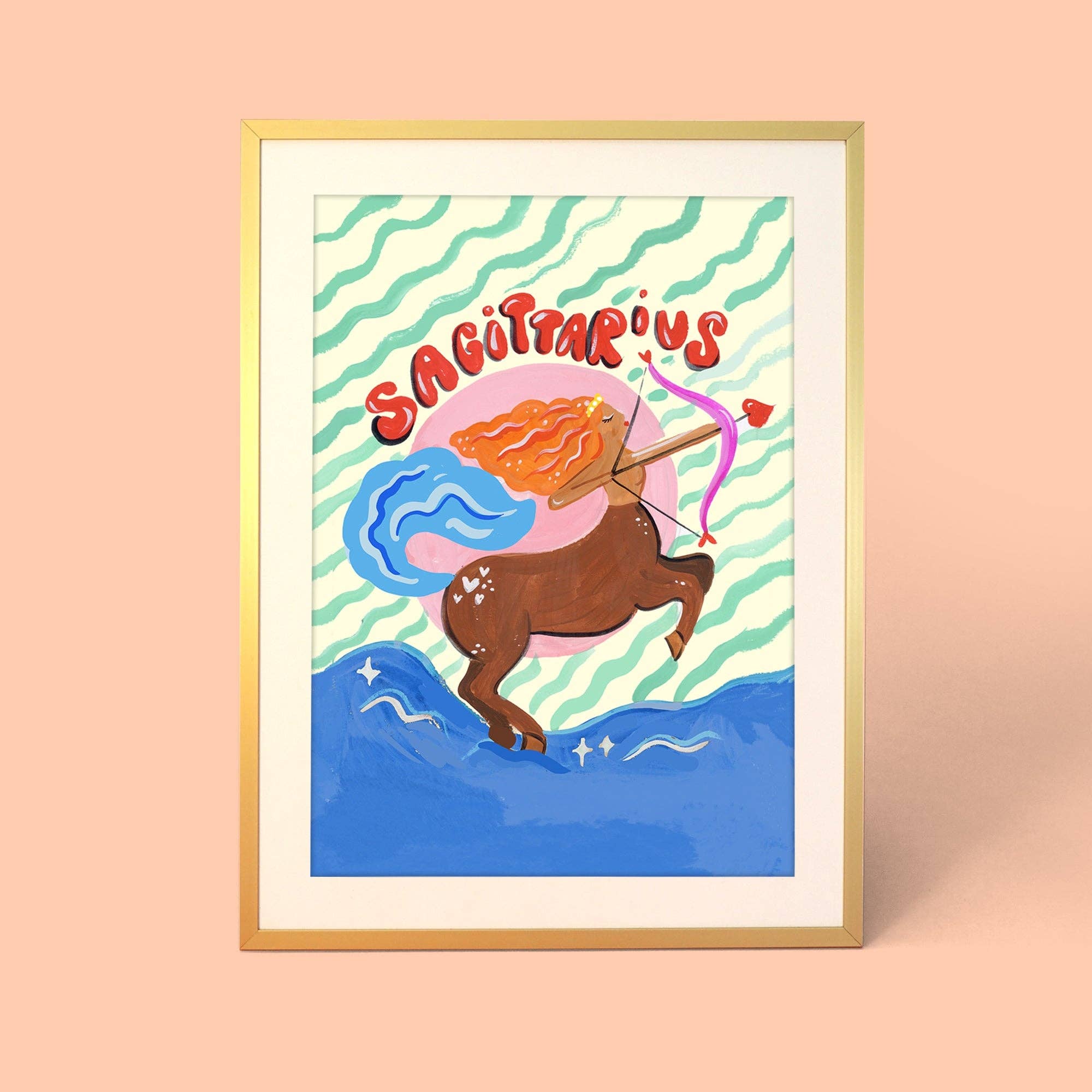 Artwork of a zodiac sign with a ram and colourful design on a peach background, with the word Sagittarius written.