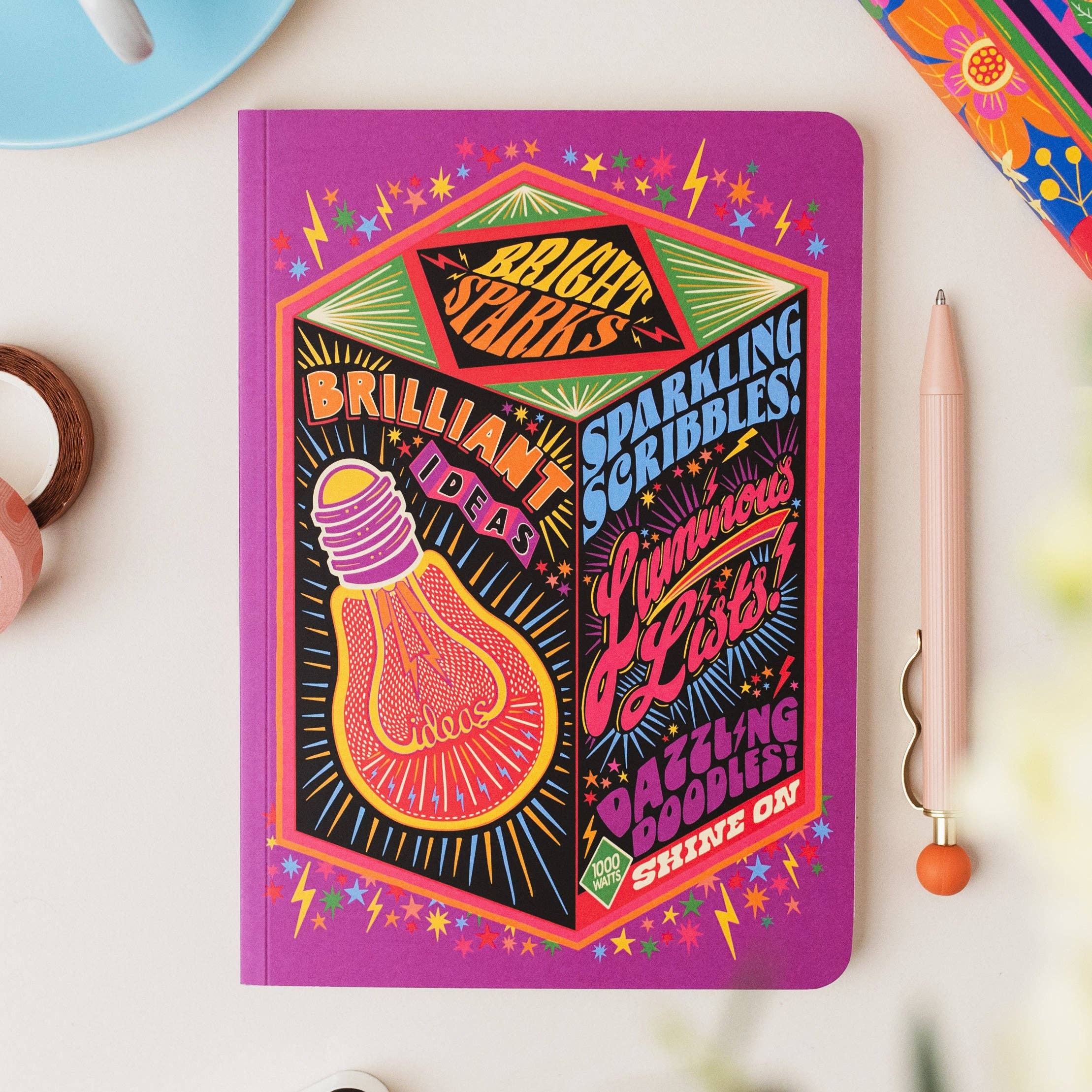 Bright Ideas A5 Notebook with bright, psychedelic illustrations on a pale background