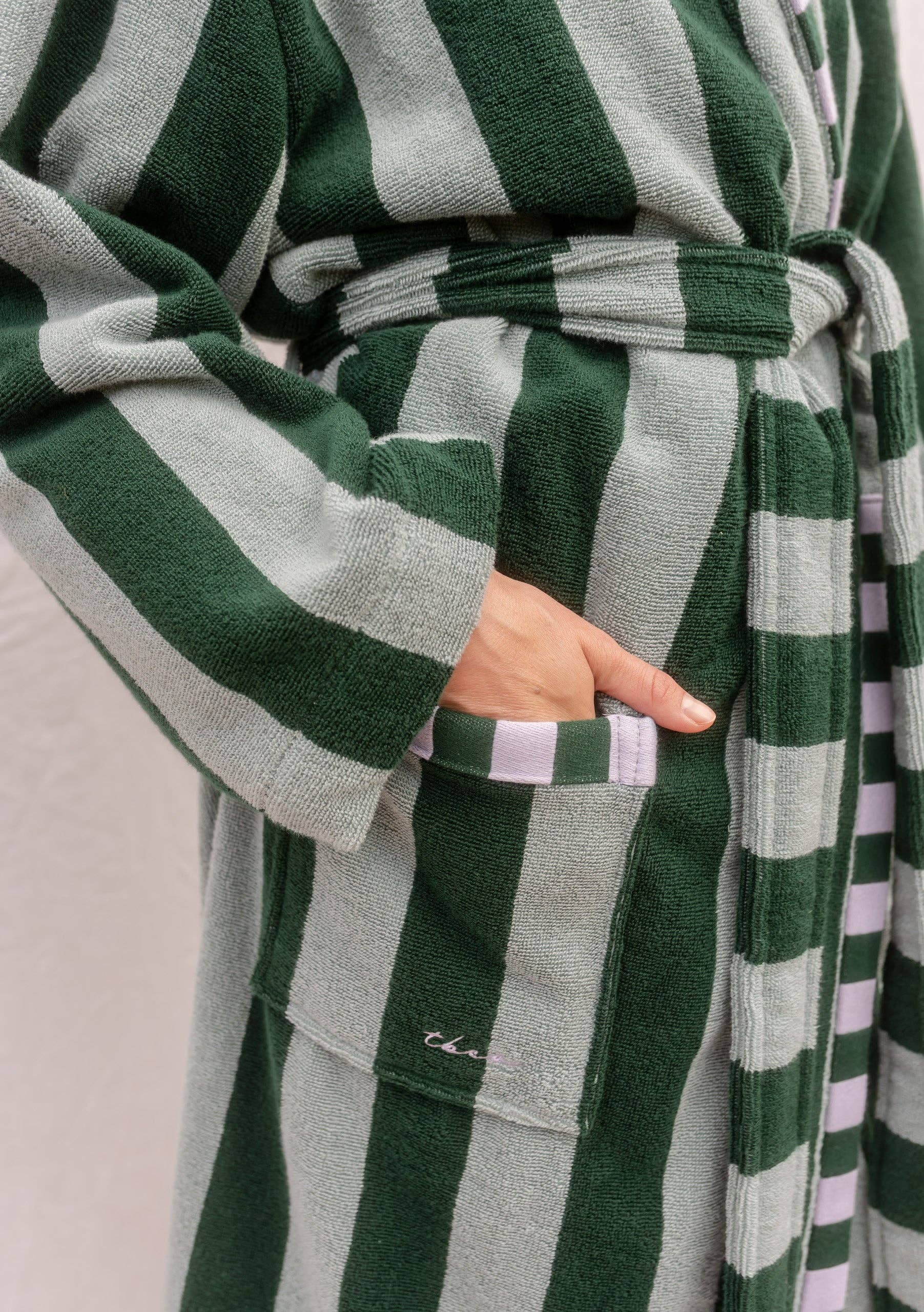 Terry Cotton Bath Robe | Green Stripe