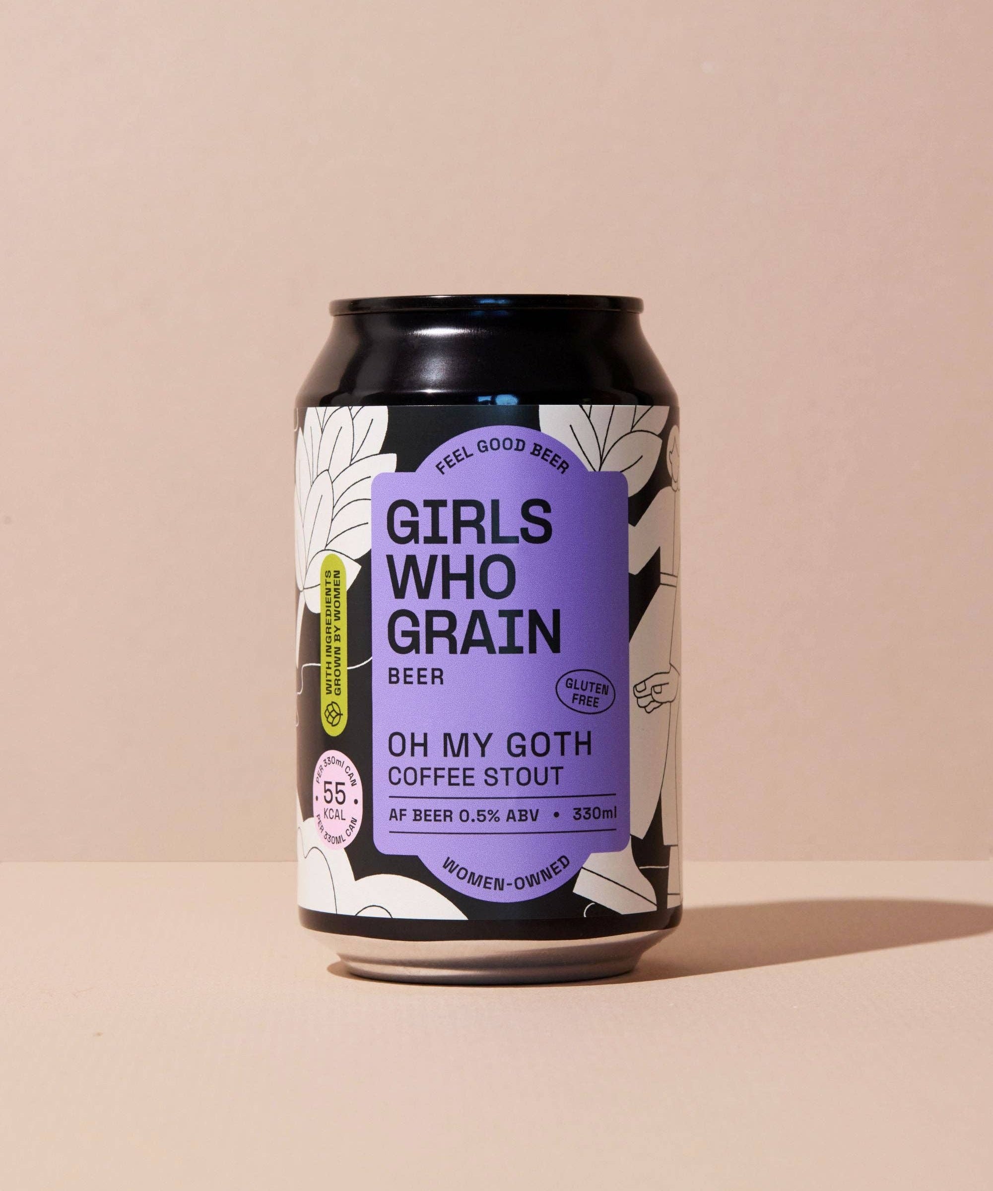 Beer can with 'Girls Who Grain' label on a beige background