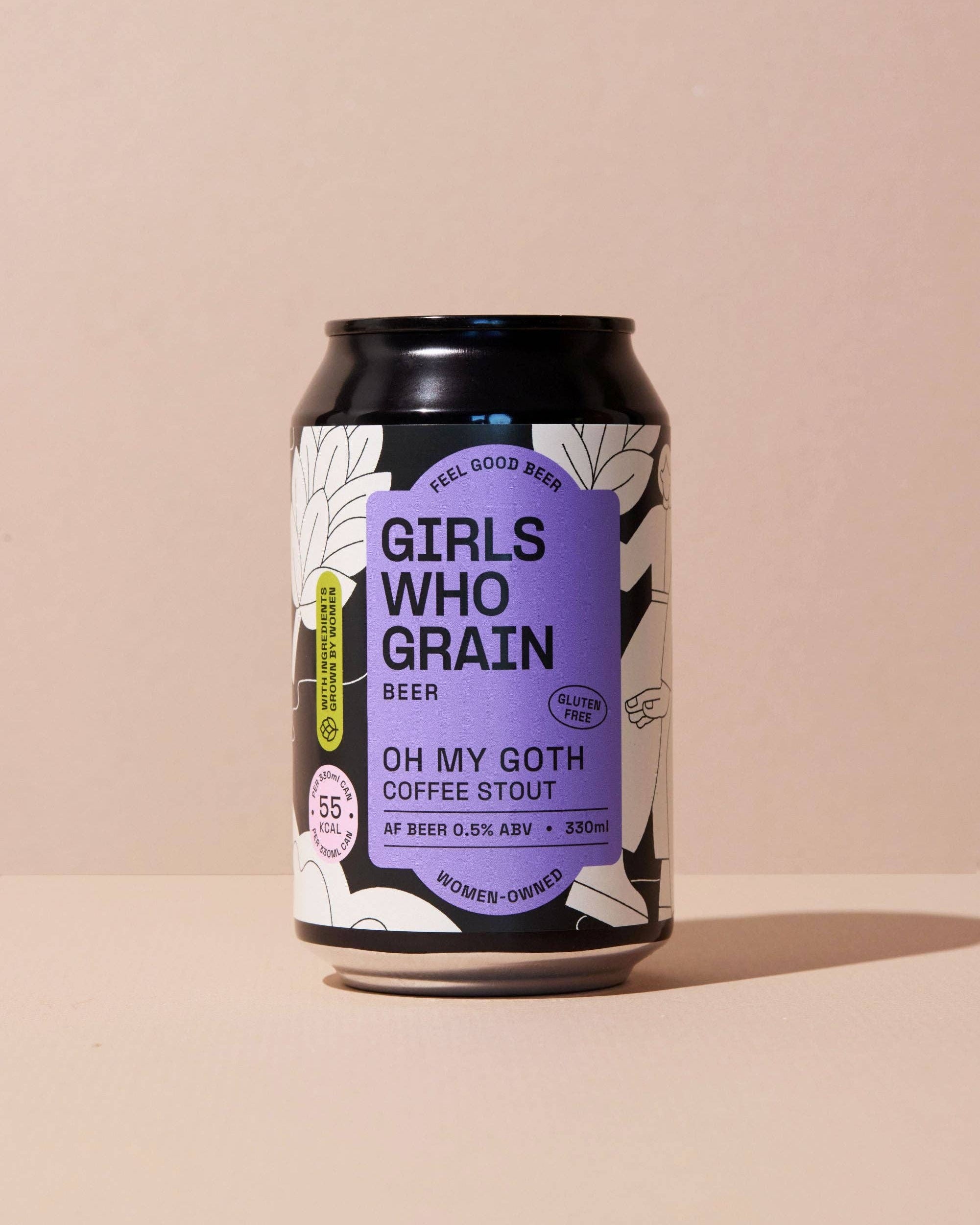 Beer can with 'Girls Who Grain' label on a beige background