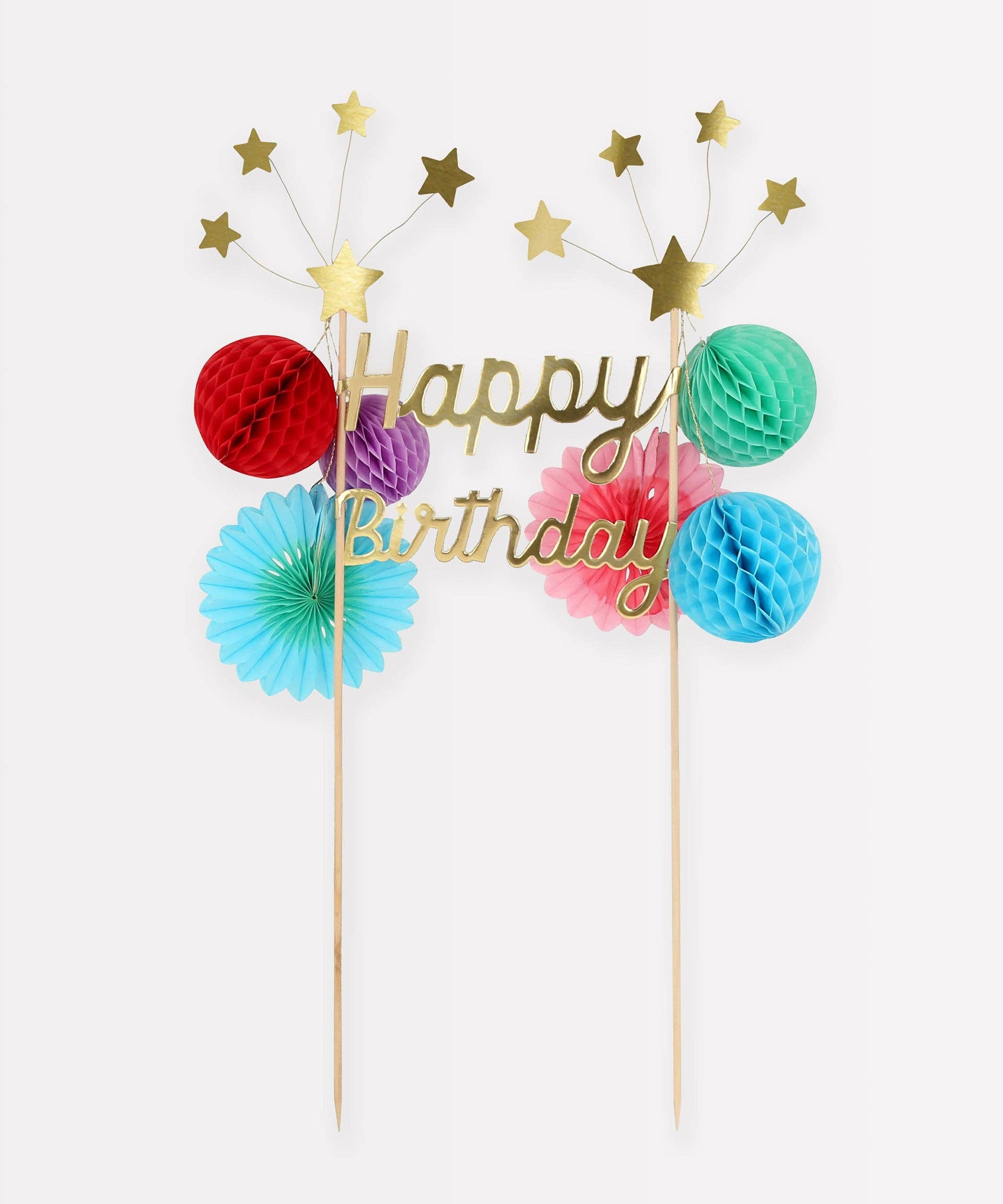 Colorful 'Happy Birthday' cake topper with decorative elements on a white background