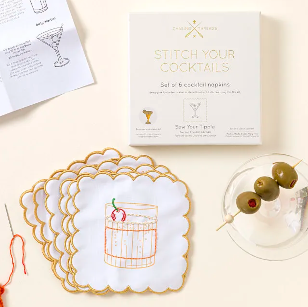 Stitch Your Cocktail Napkins embroidery kit by Chasing Threads