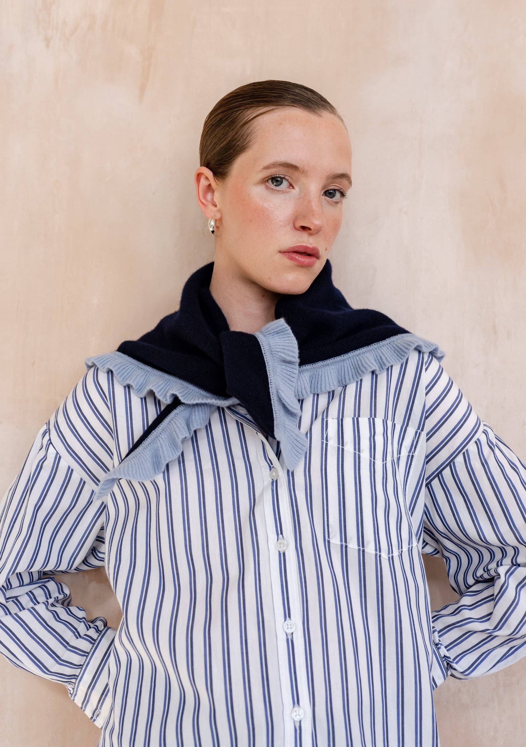 Merino Wool Triangle Scarf | Navy Ruffle