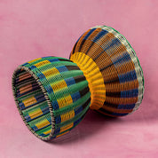 Blue and yellow woven accent table, further view
