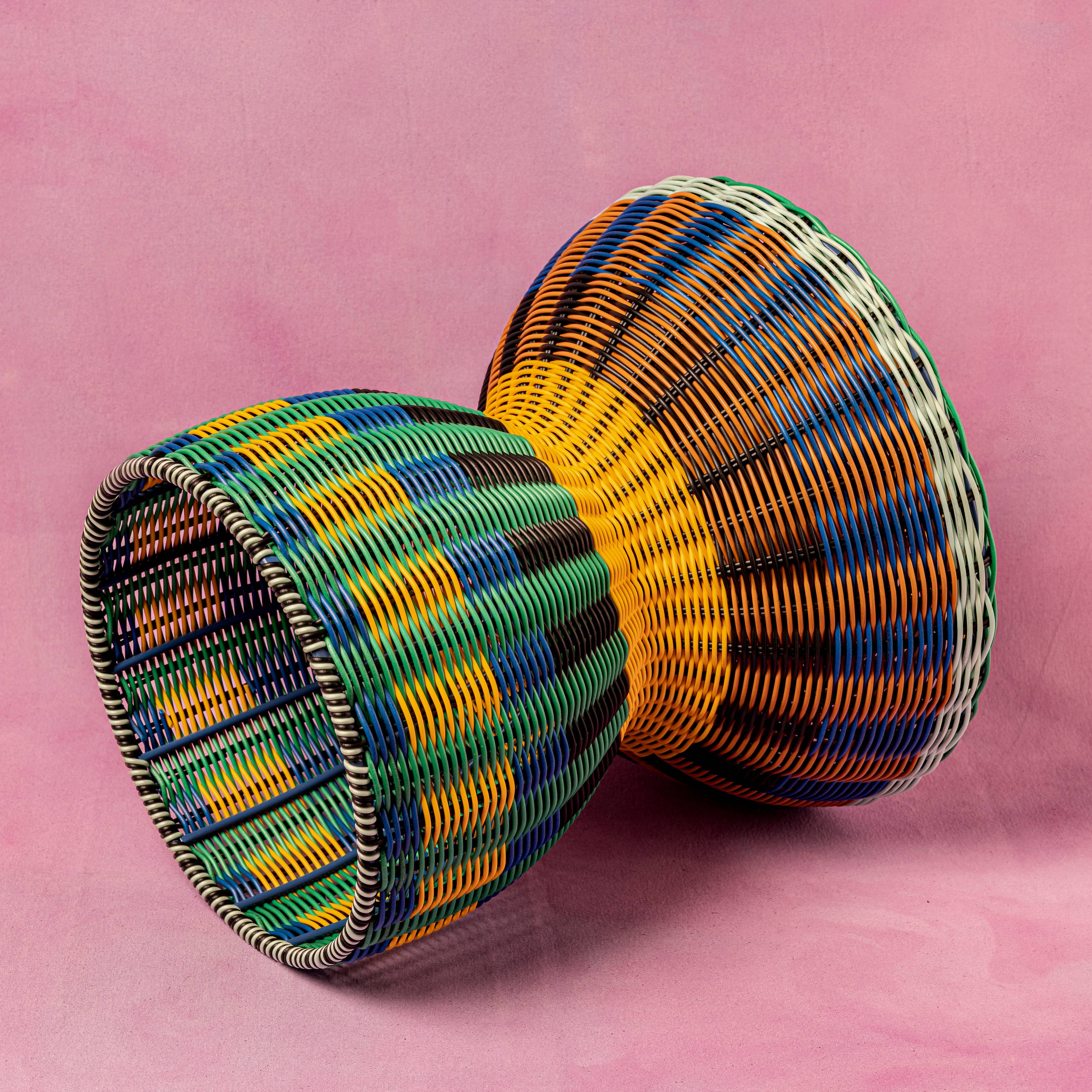 Blue and yellow woven accent table, further view