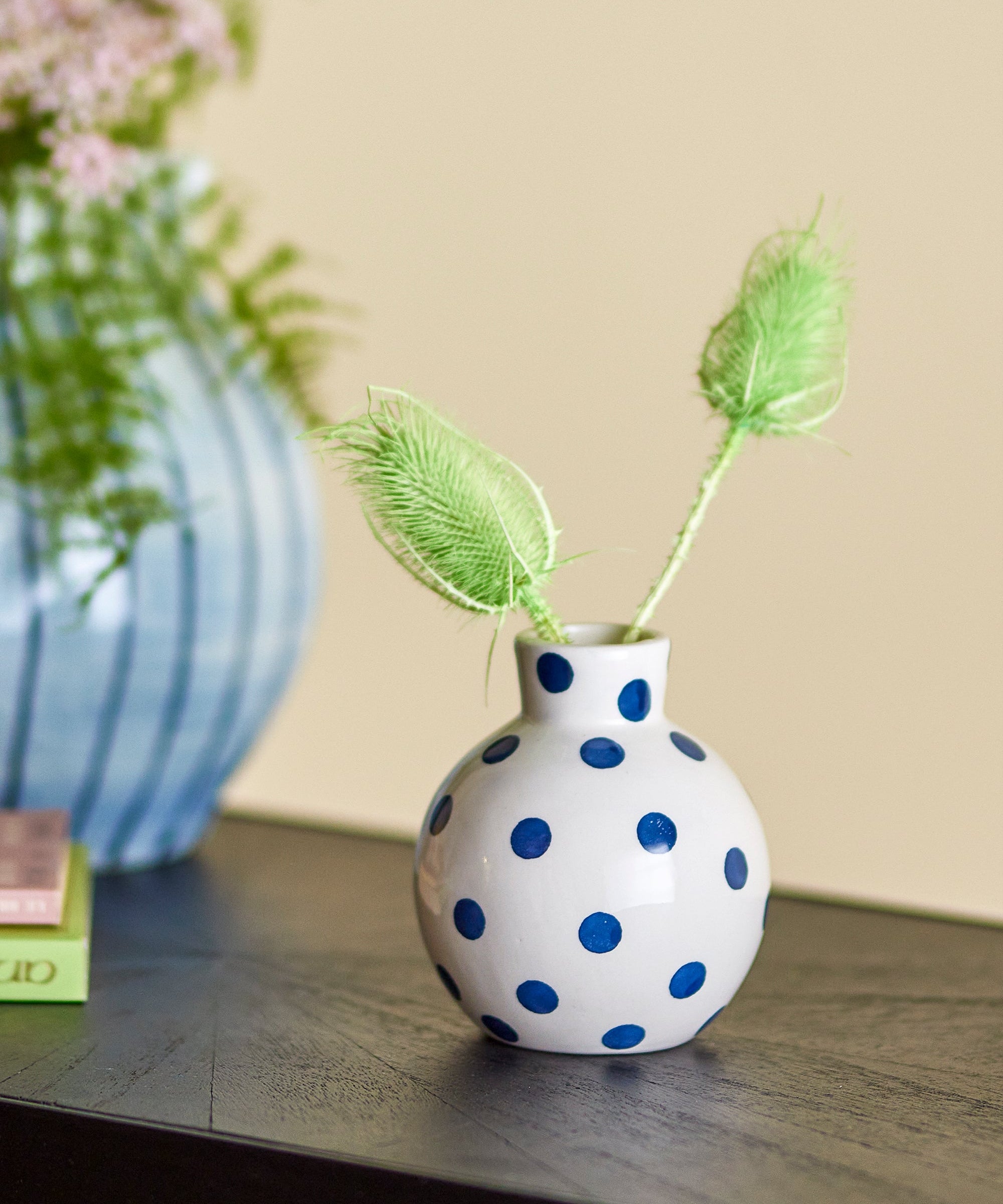 Bloomingville Fian vase, blue hand painted dots, on a plain background