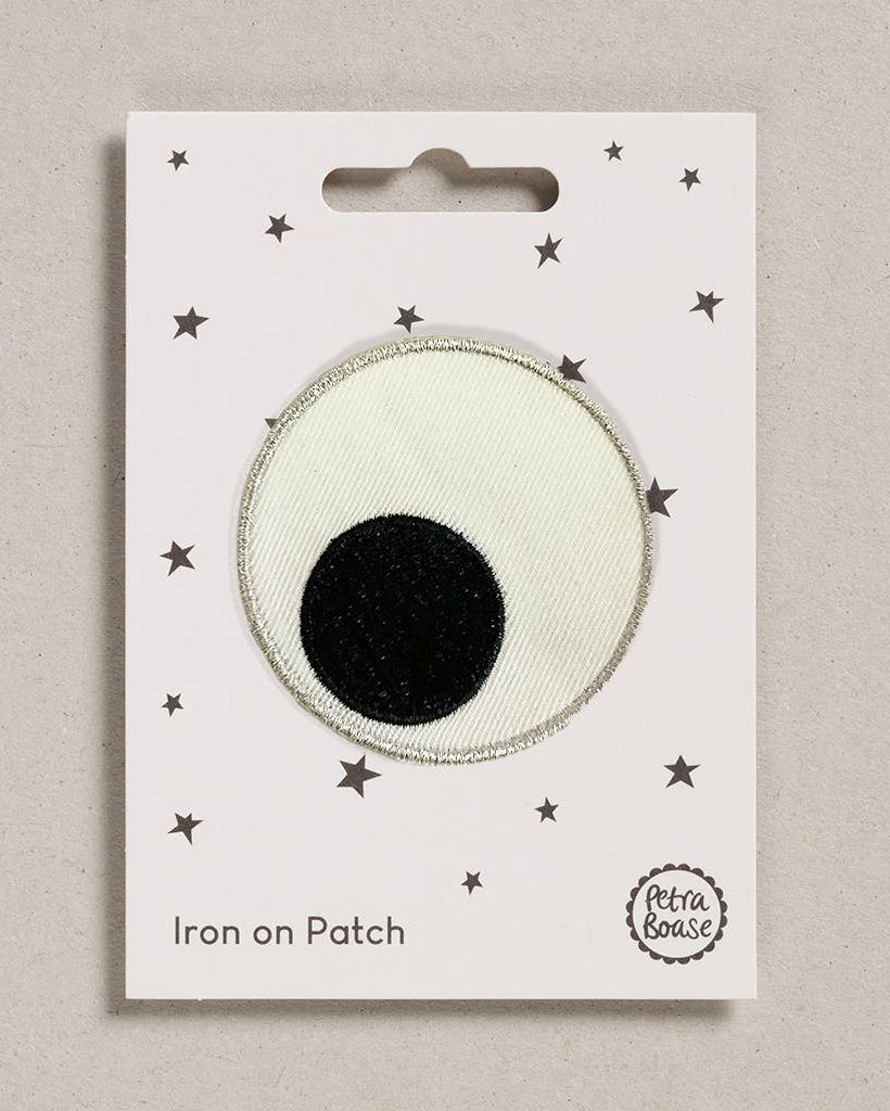 Petra Boase giant googly eye iron-on embroidered patch on neutral background