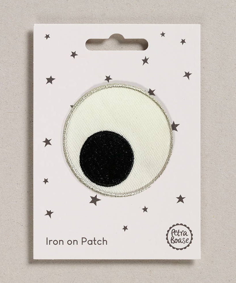 Petra Boase giant googly eye iron-on embroidered patch on neutral background