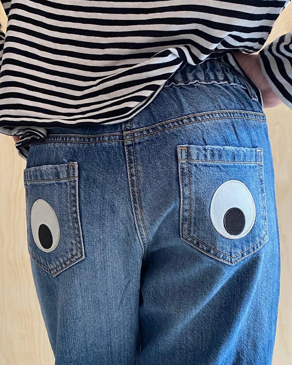 Petra Boase giant googly eye iron-on embroidered patch on neutral background