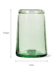 Green glass vase with dimensions on a white background