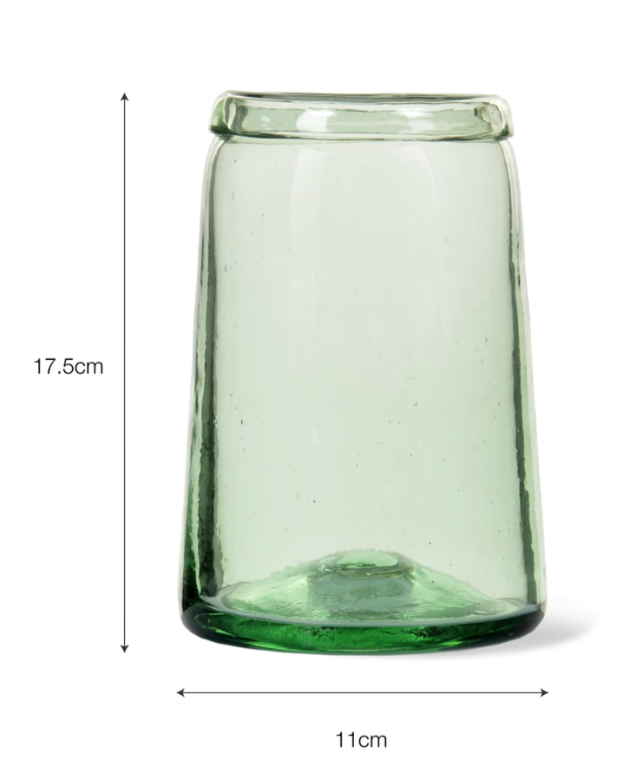 Green glass vase with dimensions on a white background