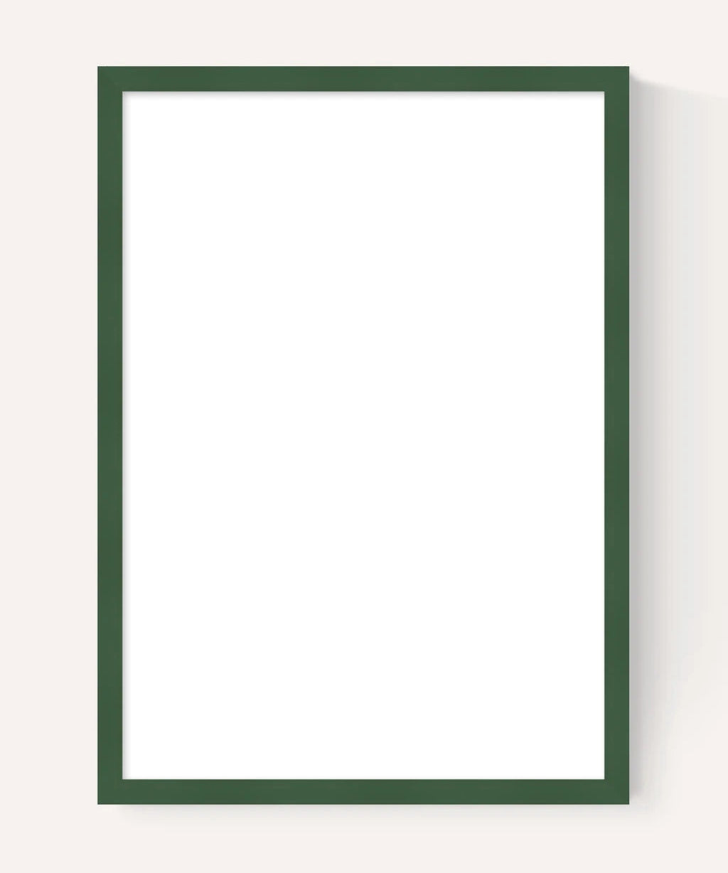 A minimalist vertical picture frame with a dark forest green border and a white center, shown on a light beige background with a soft drop shadow.