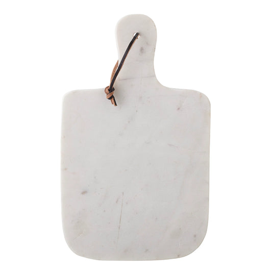 The Gurly Cutting Board Marble by Bloomingville features a classic white marble board with a chic leather string attached to its handle